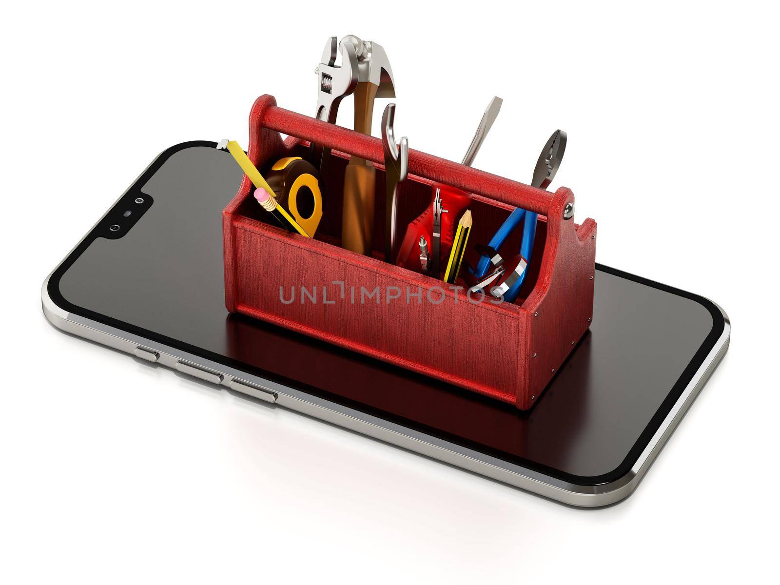 Toolbox with repair tools standing on generic smartphone. 3D illustration.