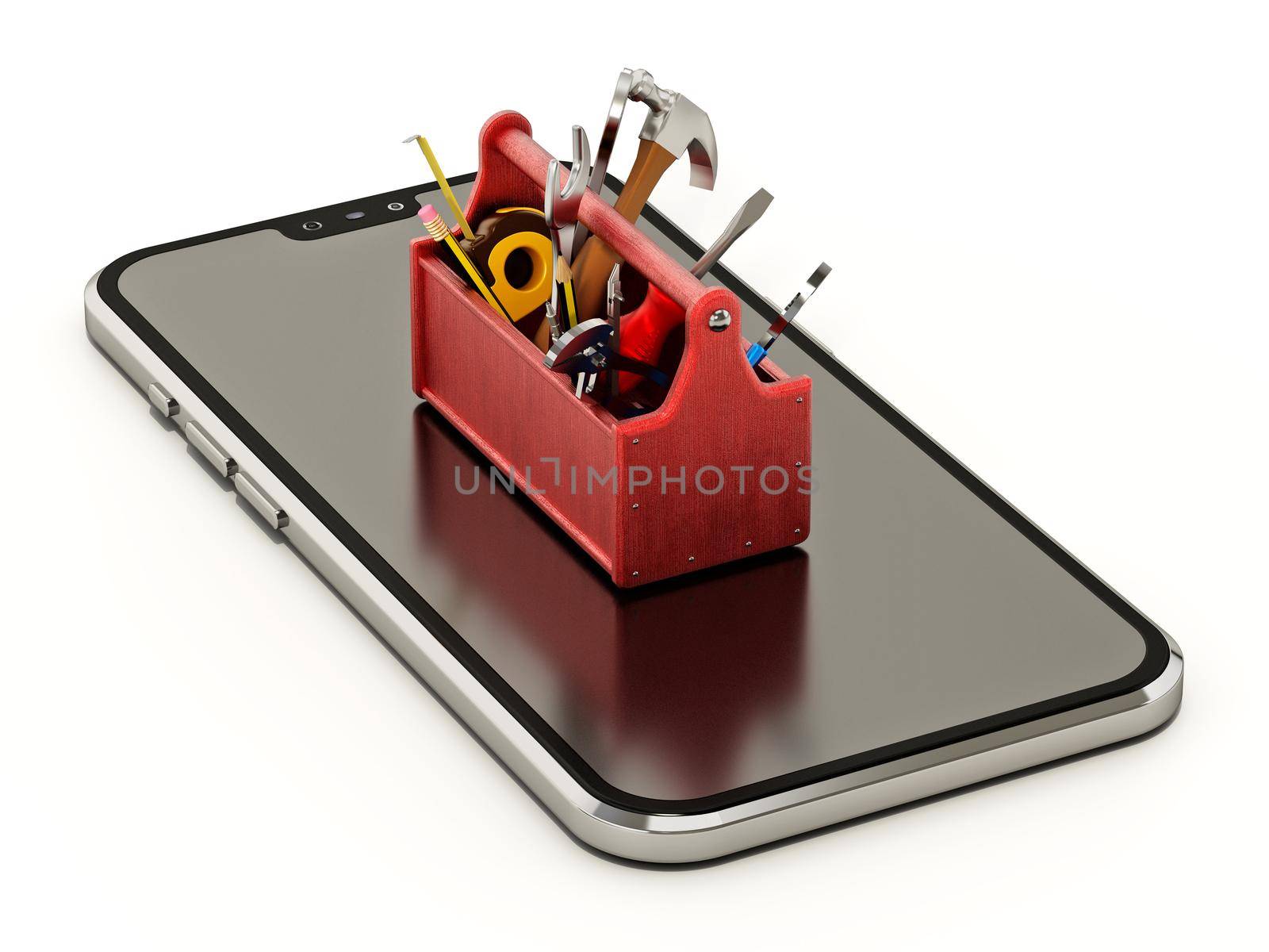 Toolbox with repair tools standing on generic smartphone. 3D illustration by Simsek