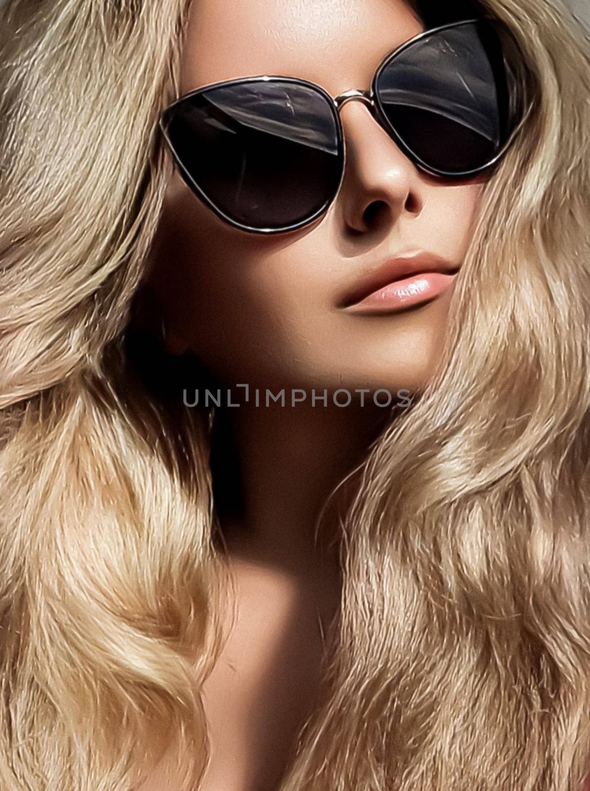 Luxury fashion, blonde hairstyle and accessories, beauty face portrait of a woman with long blond hair, wearing chic sunglasses, glamour style by Anneleven