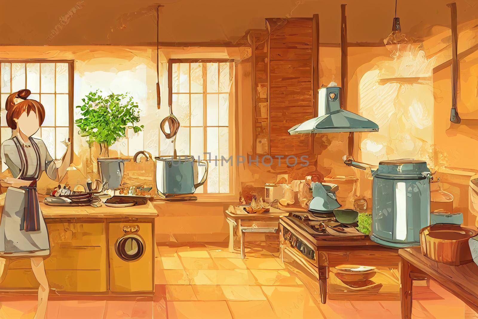 woman is cooking in the kitchen. Apron for cooking. Cozy kitchen with appliances and utensils. High quality anime style illustration