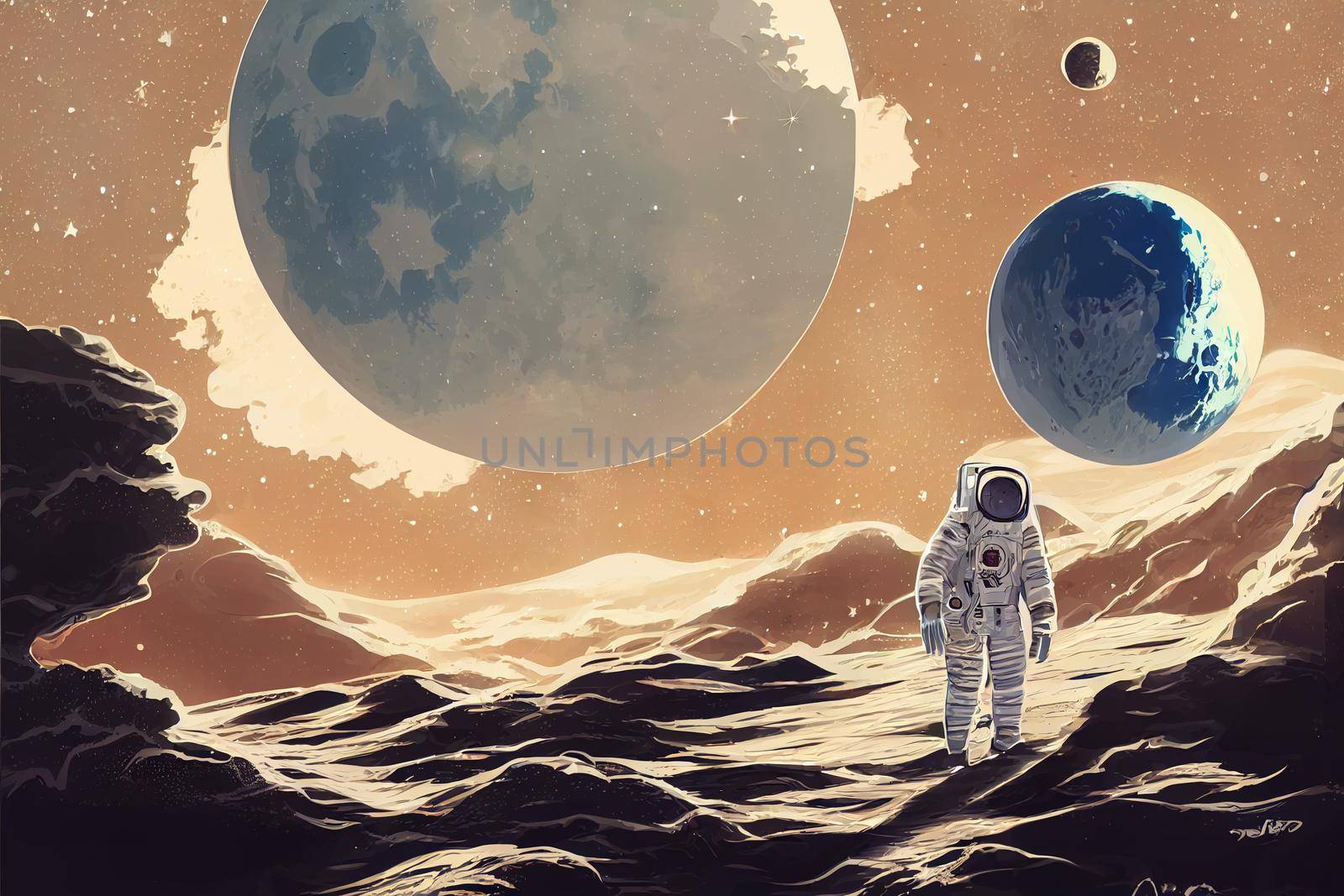 The astronaut in another planet, 2d anime style illustration. High quality 3d illustration