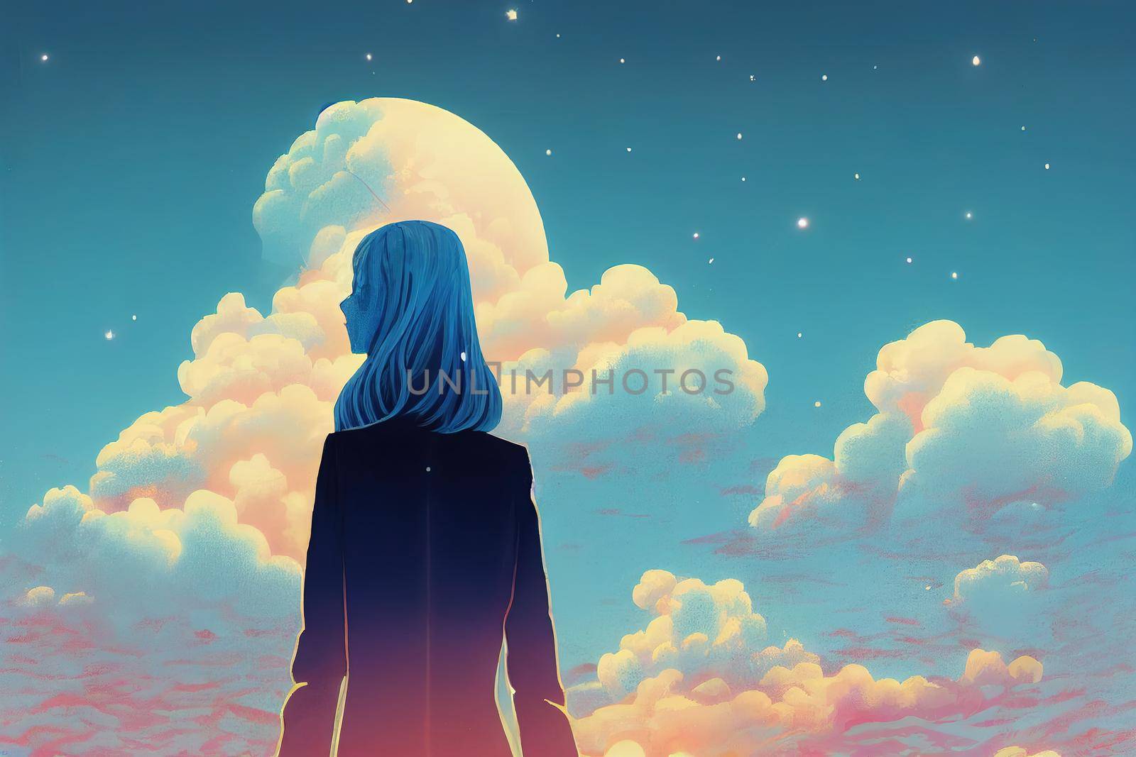 surreal illustration of a woman with her head hidden by a tv projecting a sky by 2ragon