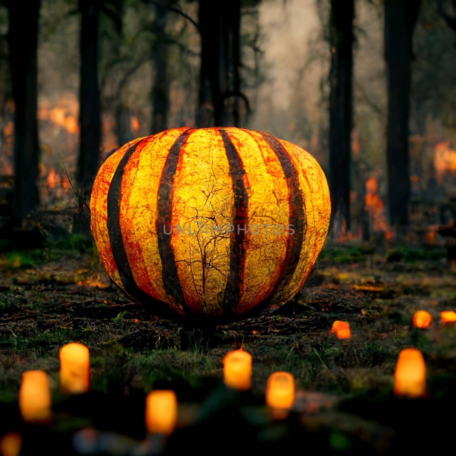 A large orange pumpkin lies on the grass and lanterns burn in the forest by architectphd