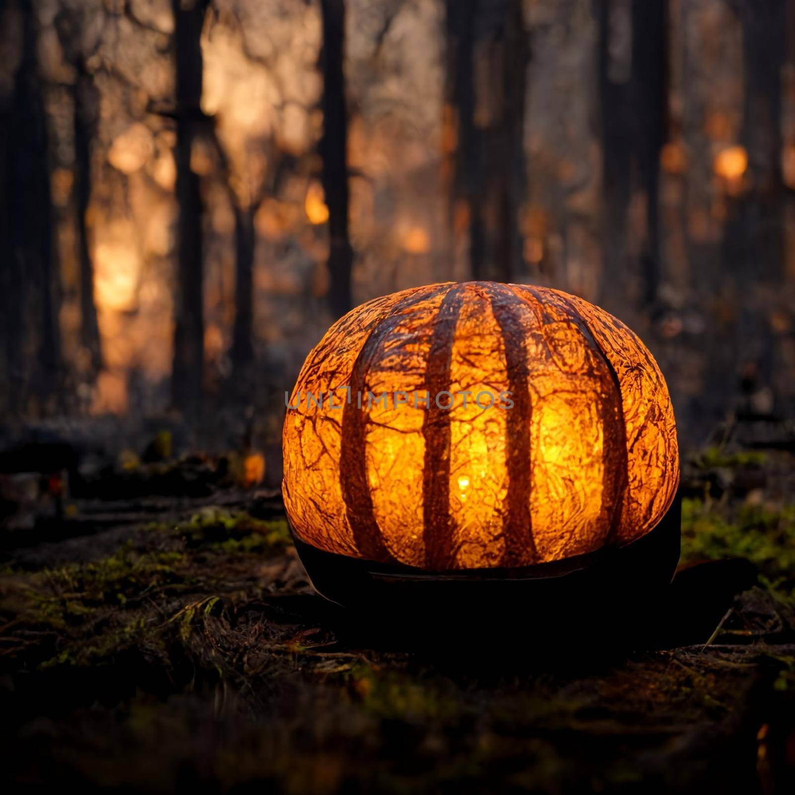 A large orange pumpkin lies on the grass and lanterns burn in a  the forest