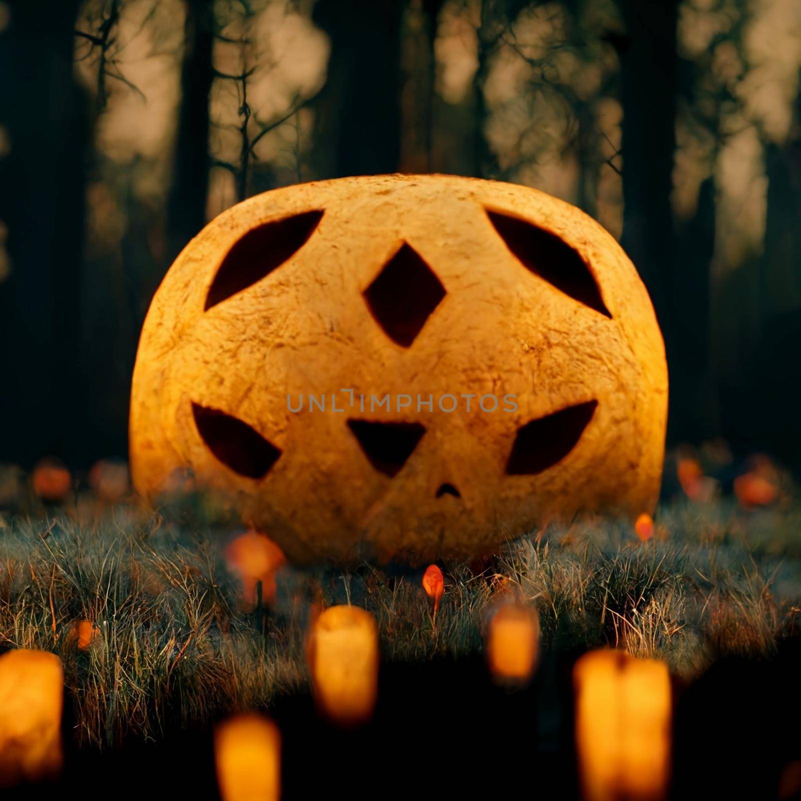 A large orange pumpkin lies on the grass and lanterns burn in a  the forest