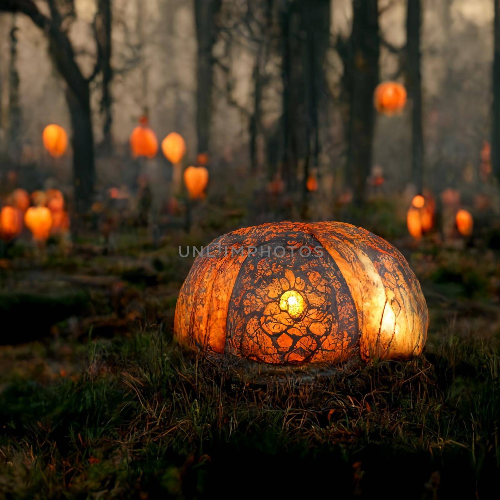 A large orange pumpkin lies on the grass and lanterns burn in the forest by architectphd