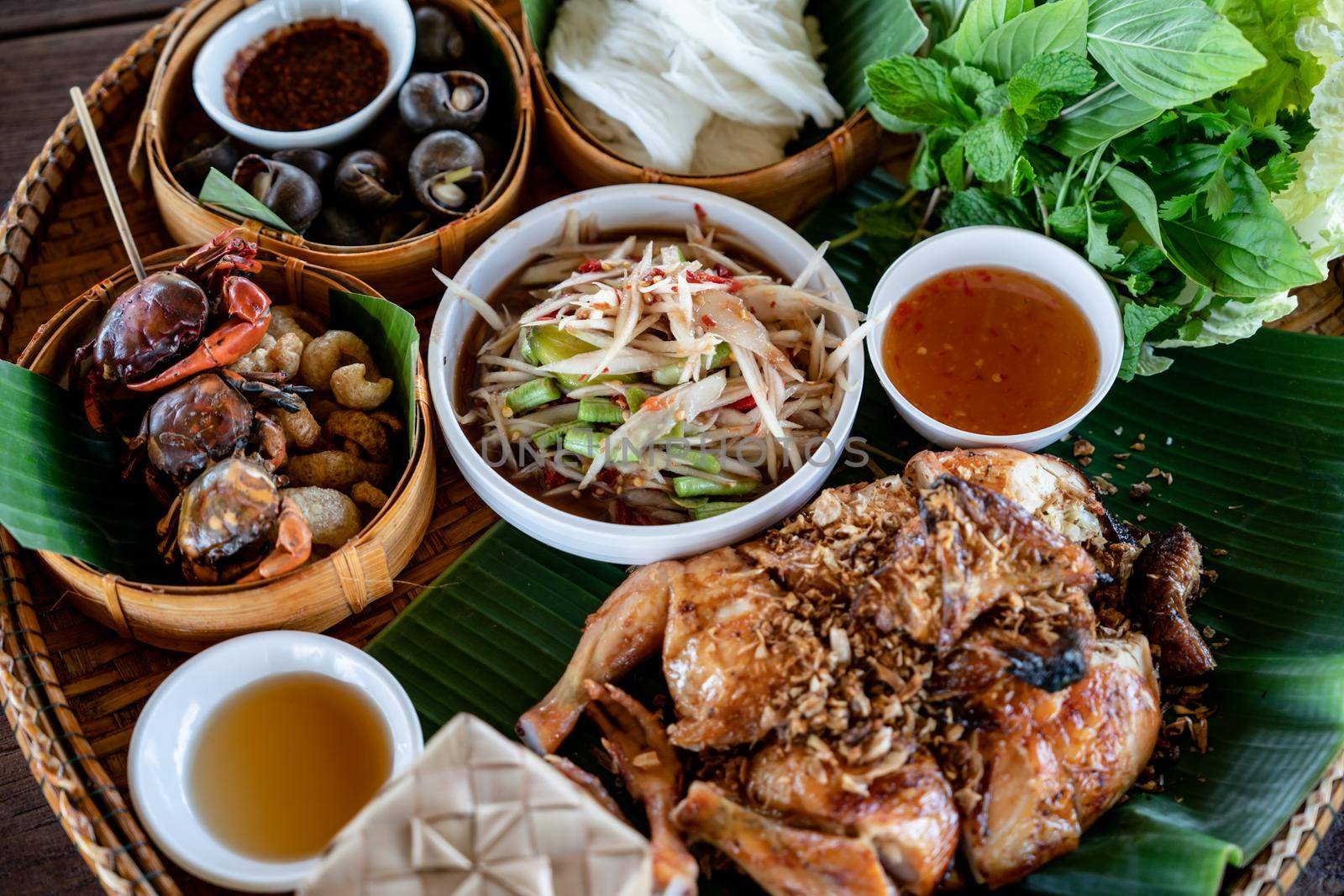 Traditional North-east Thai Local food set (Esan).
