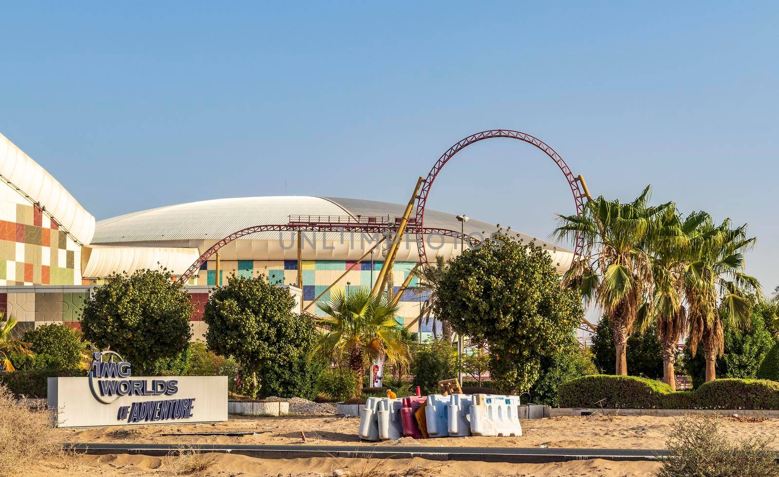 Dubai, UAE - 09.01.2021 - Back side of an IMG World of adventure theme park. Entertainment by pazemin