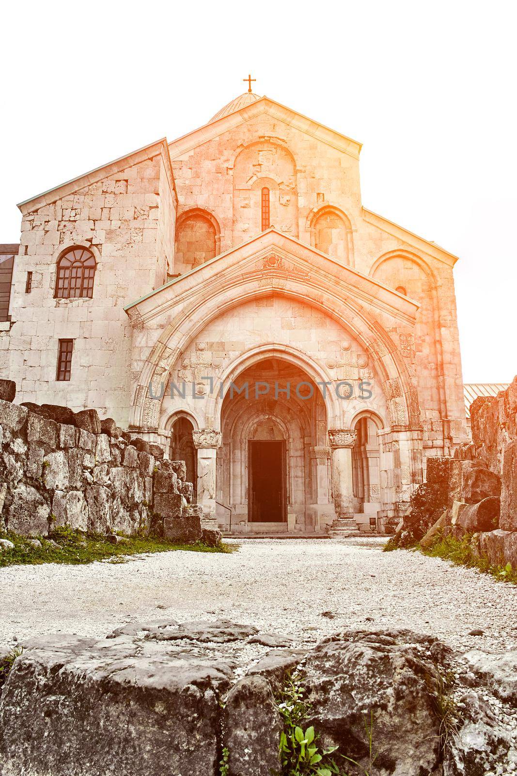 Church, located Racha region of Georgia, lower Svaneti mountains. Europe. Travels. Nature. Sun flare