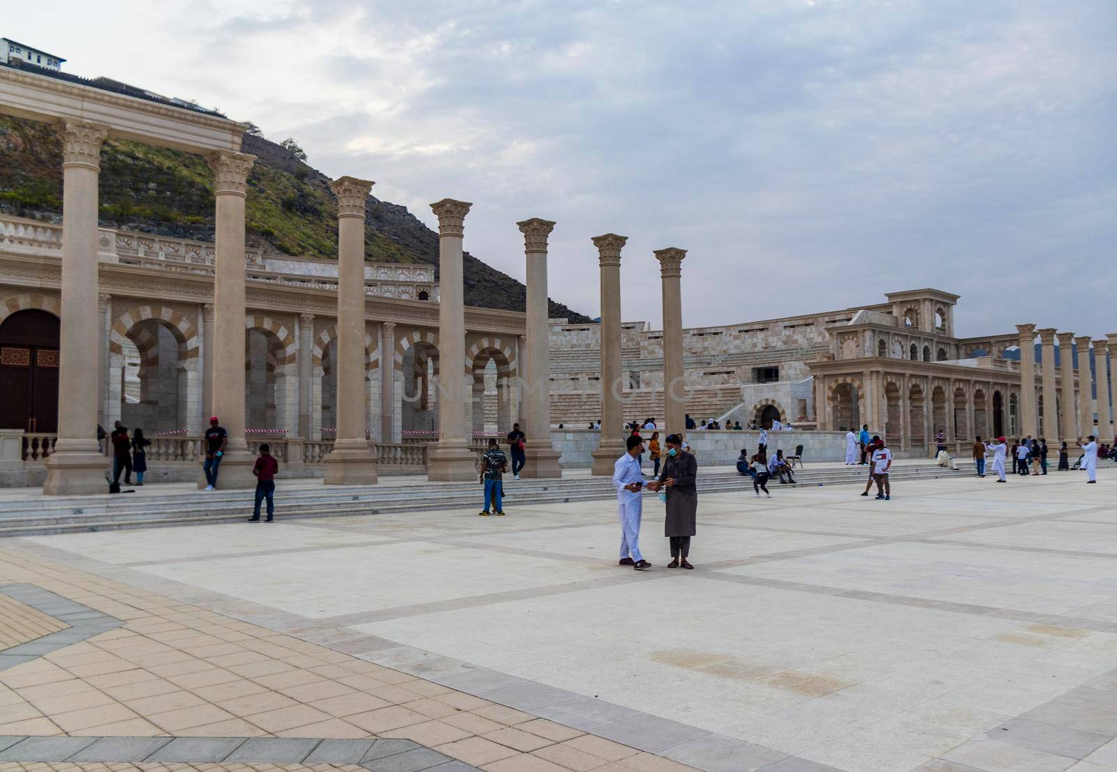 Sharjah, UAE - 07.20.2021 - Visitors at Sharjah amphitheatre, Khor Fakkan area. Sightseeing by pazemin