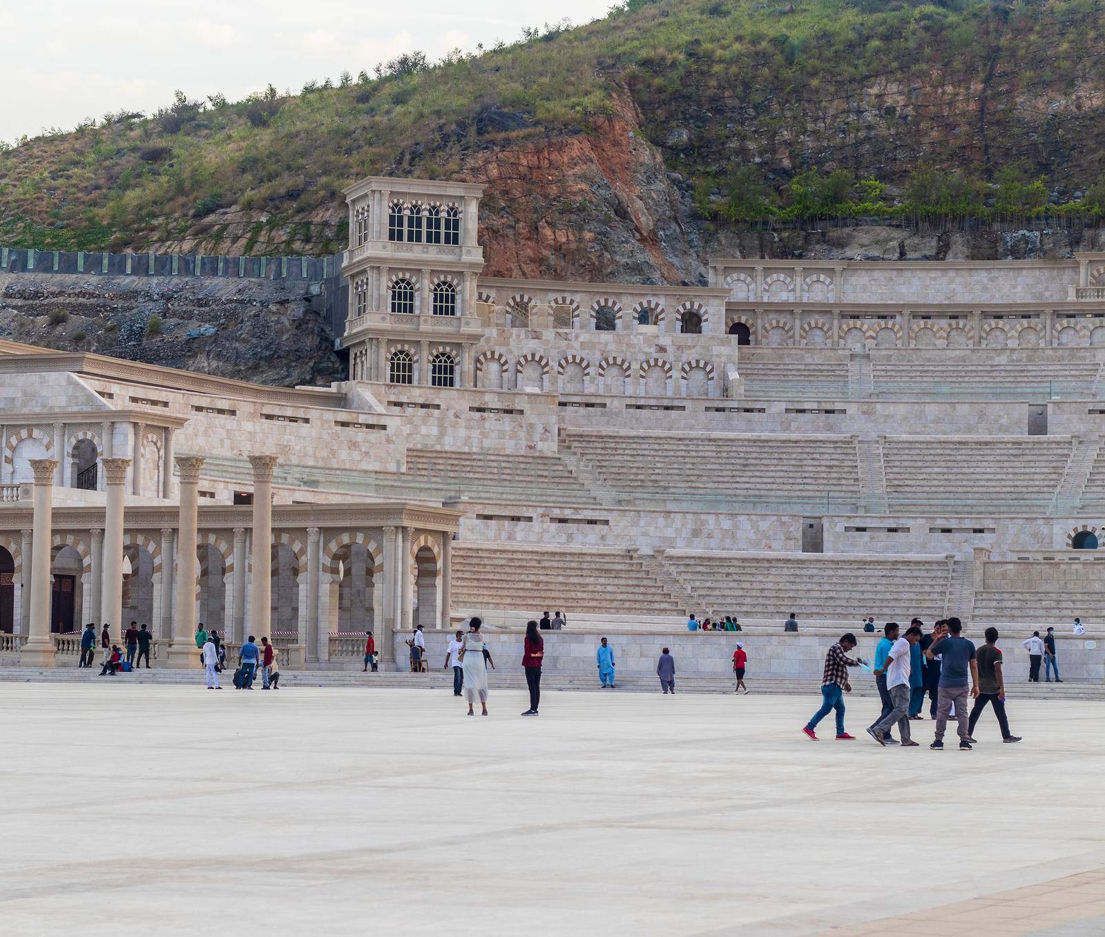 Sharjah, UAE - 07.20.2021 - Visitors at Sharjah amphitheatre, Khor Fakkan area. Sightseeing by pazemin