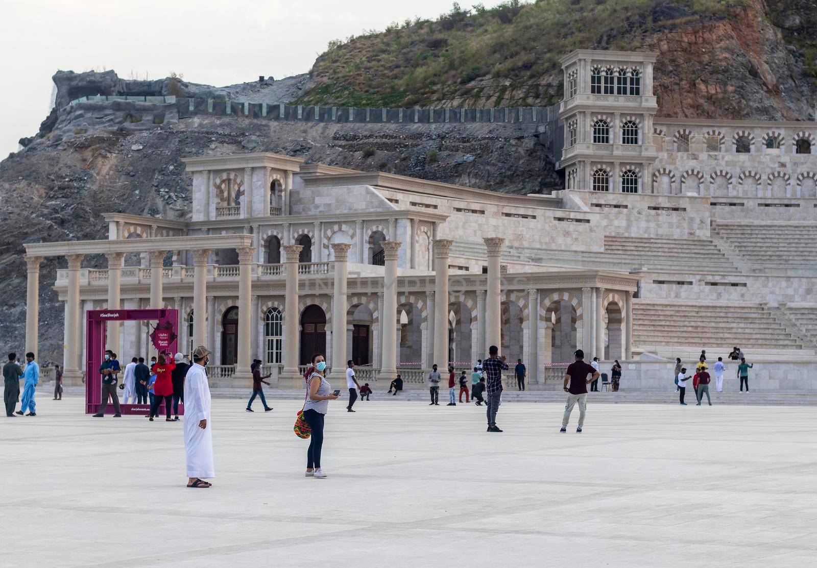 Sharjah, UAE - 07.20.2021 - Visitors at Sharjah amphitheatre, Khor Fakkan area. Sightseeing by pazemin