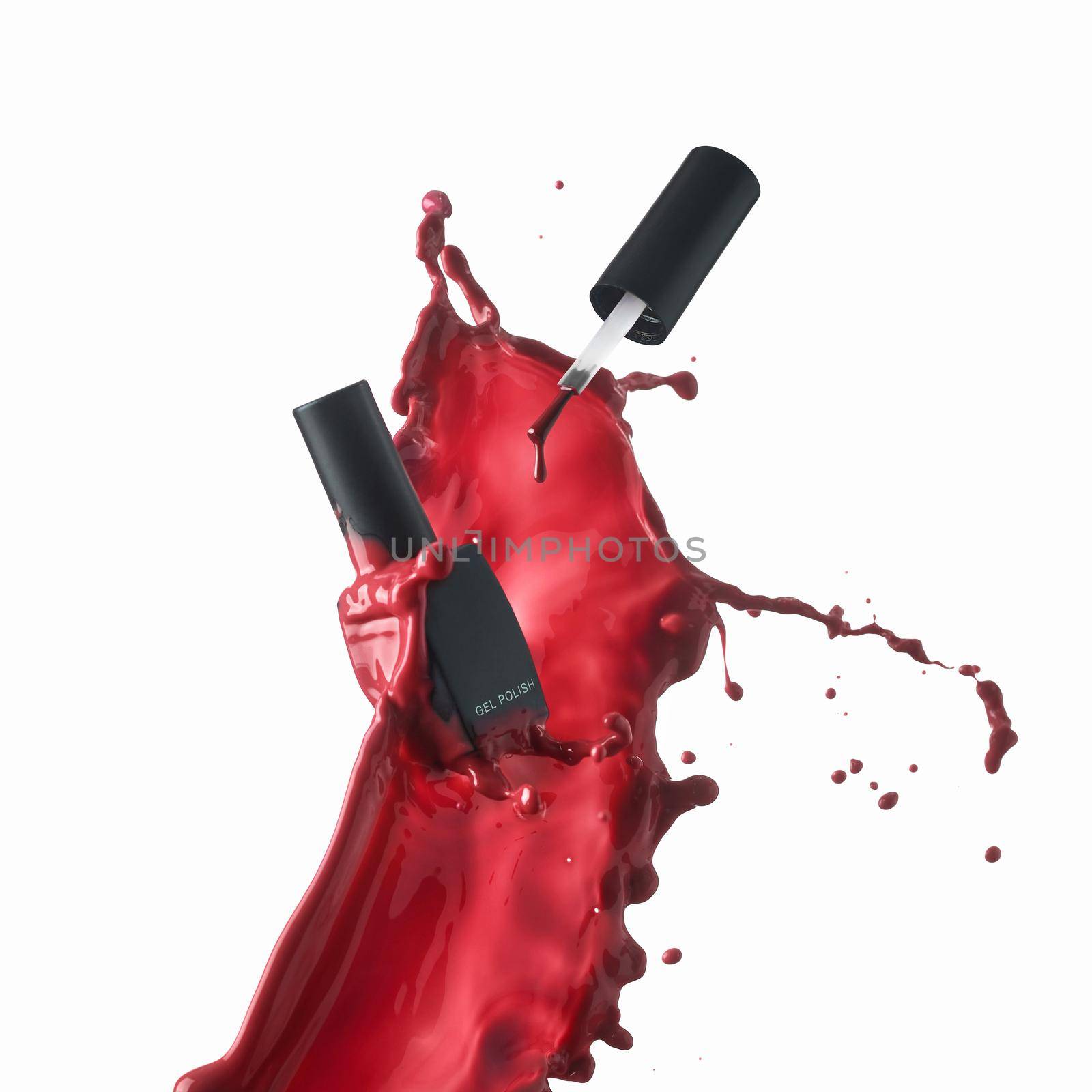 Beauty concept of gel nail polish. Bottle of gel nail polish for the effect of red splashes. Сosmetic branding concept 