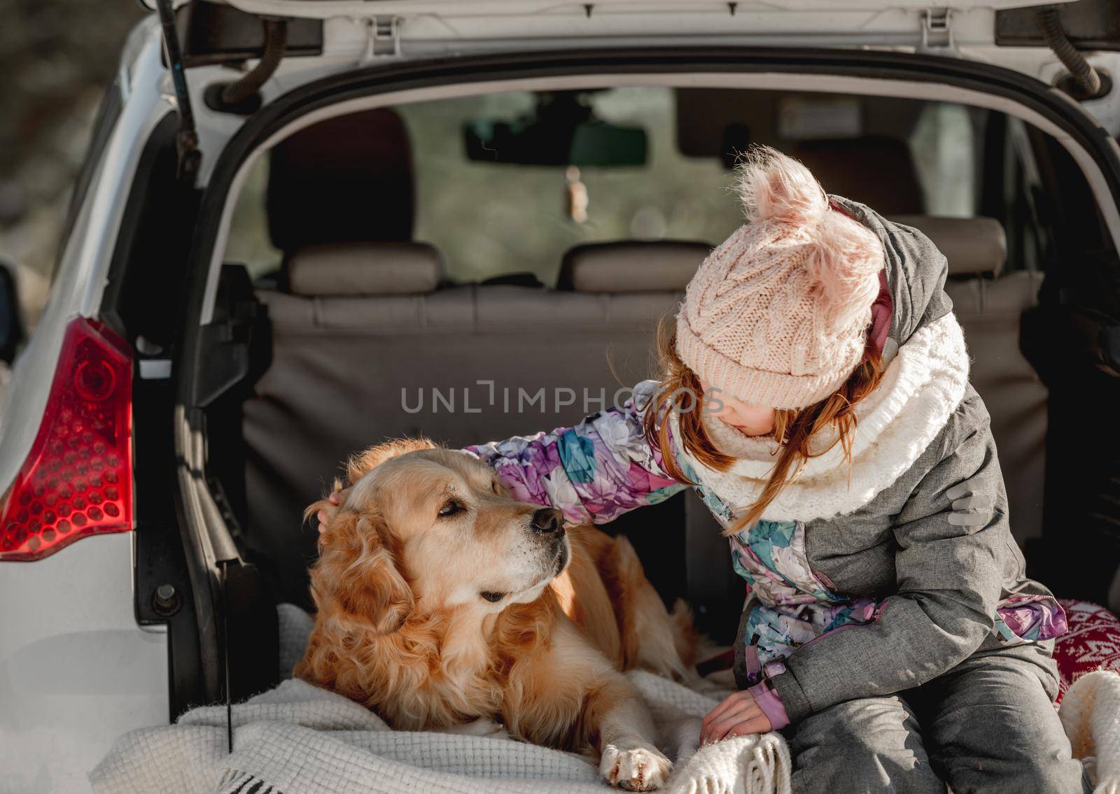 Girl child sitting in car trunk and petting golden retriever dog in winter time. Pretty kid with labrador pet resting in vehicle in cold weather