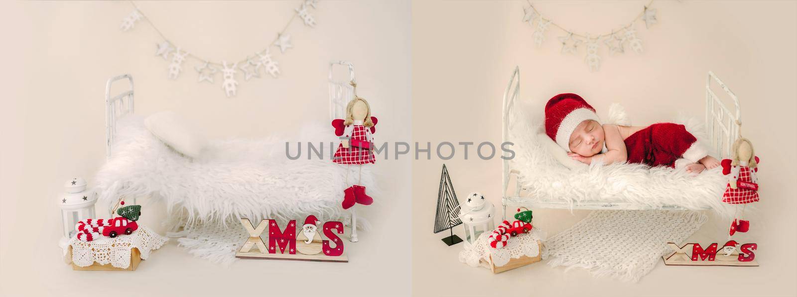 Newborn baby boy wearing Santa costume and hat sleeping in tiny bed on white fur with Christmas decoration. Infant child kid New Year holiday napping portrait