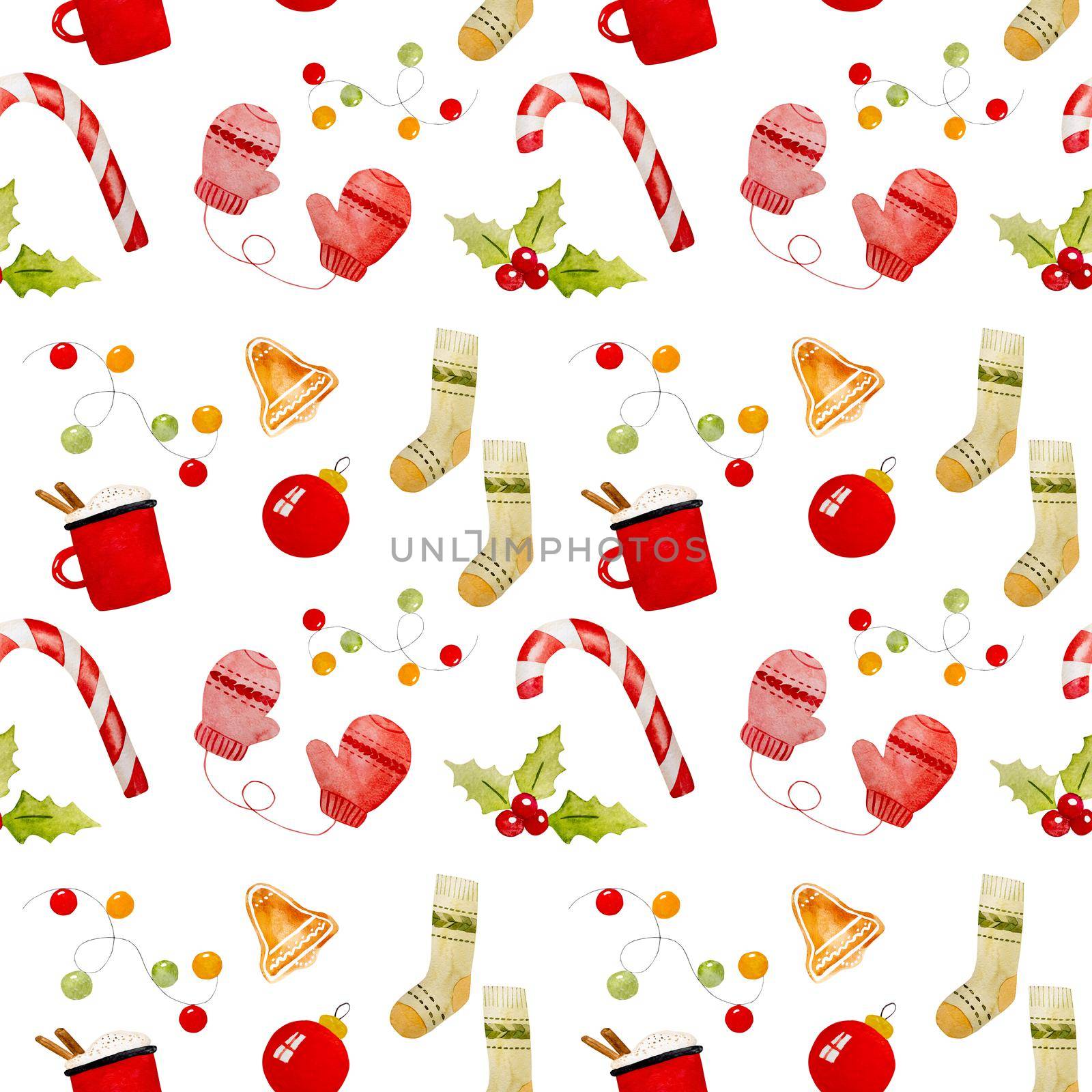 Christmas drawings watercolor seamless pattern with mug, xmas lollipop and mittens. New Year festive paintings for decoration