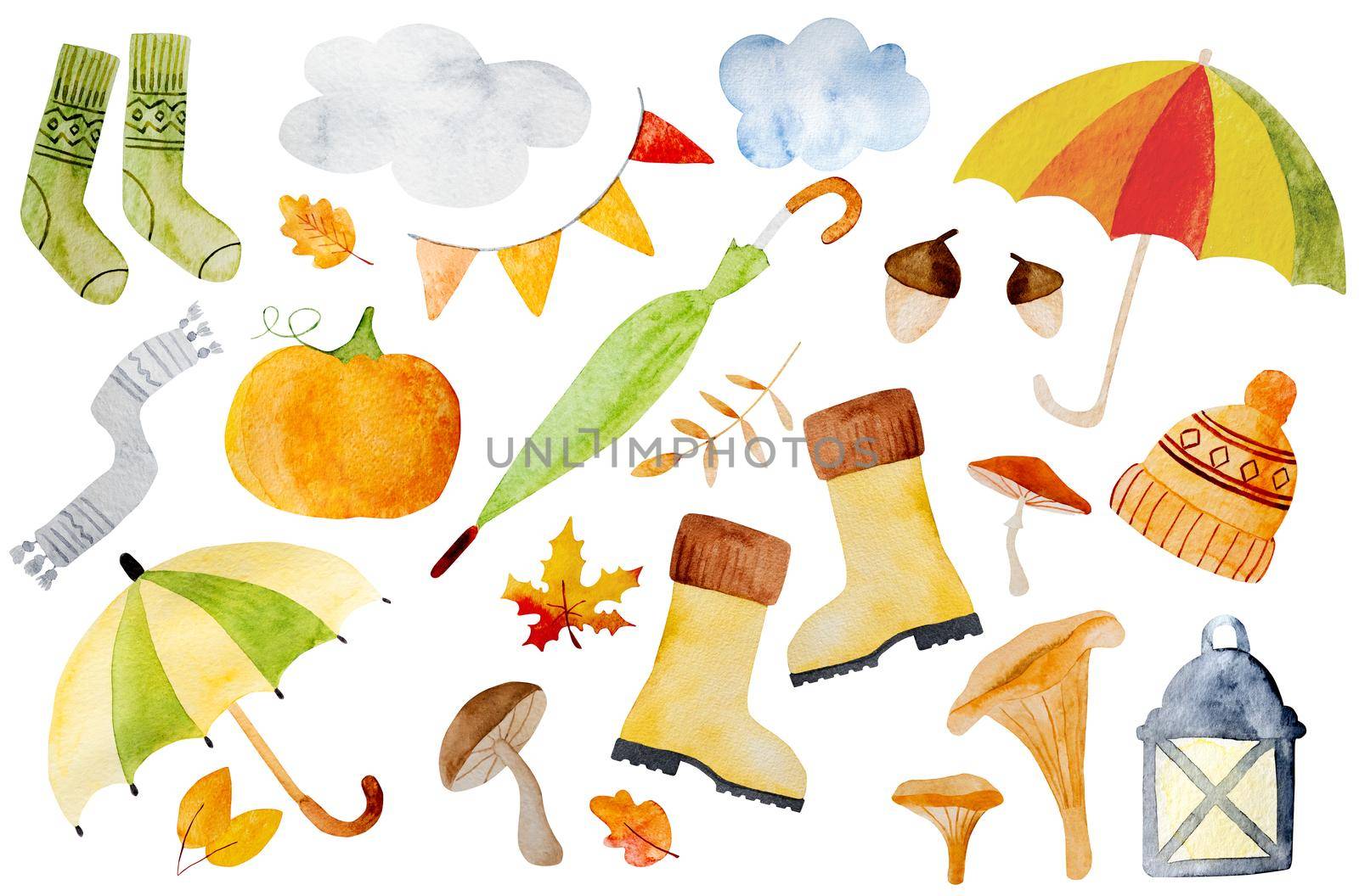 Autumn aquarelle paintings with fumbrella, pumpkin, boot and cloud. Seasonal fall watercolor drawings with leaves, mushroom and hat