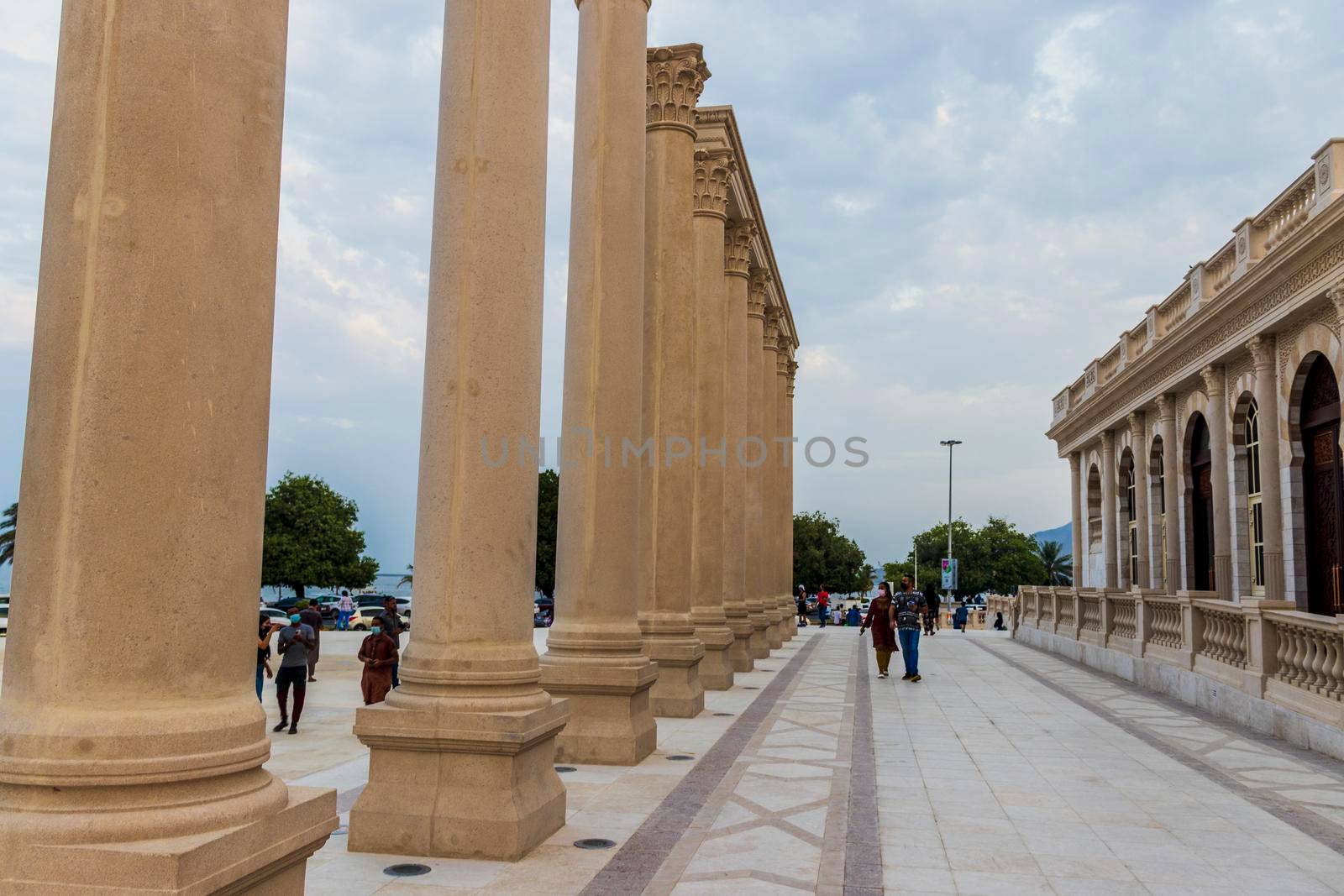 Sharjah, UAE - 07.20.2021 - Visitors at Sharjah amphitheatre, Khor Fakkan area. Sightseeing by pazemin