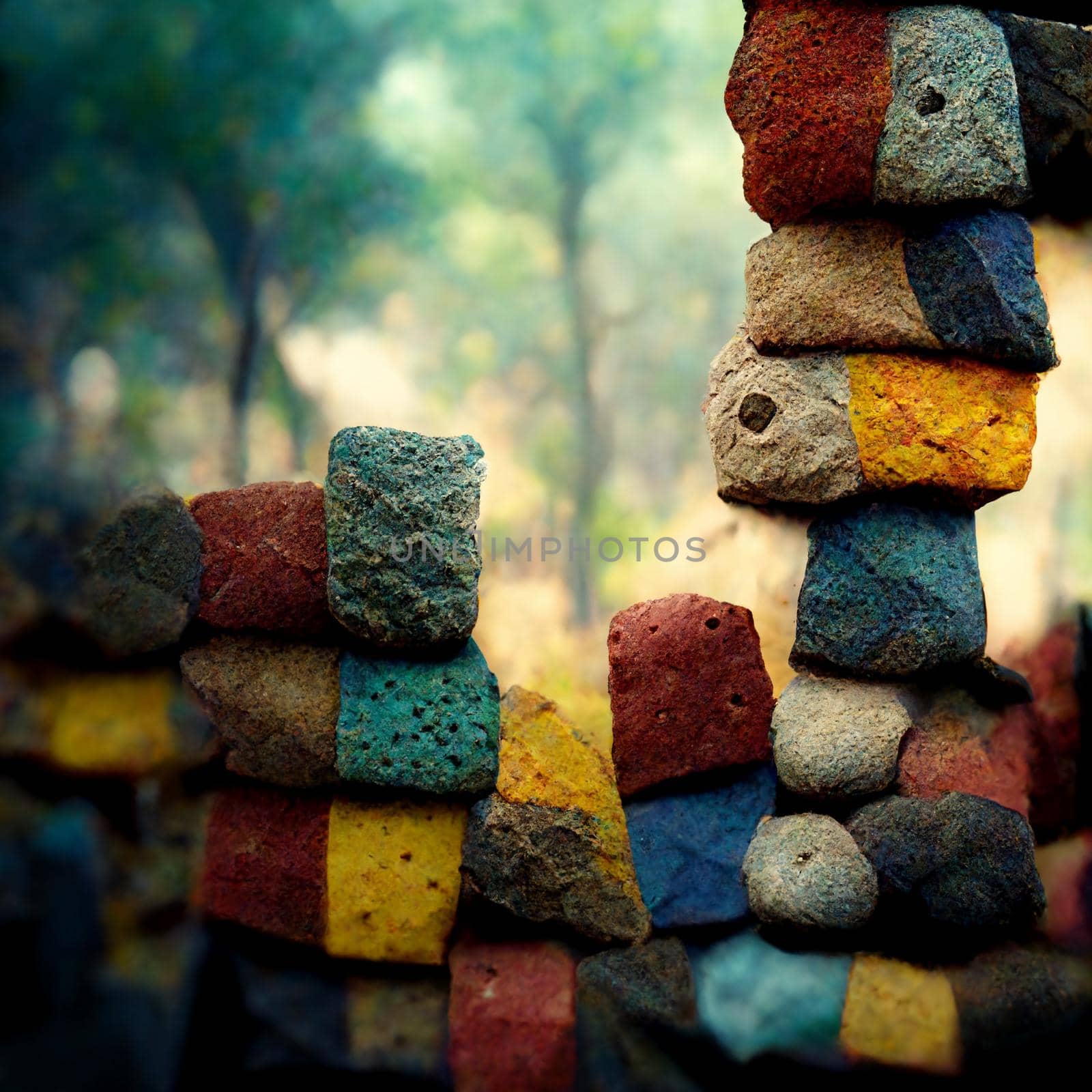 A wall of multi-colored stones against the backdrop of a the tropical forest