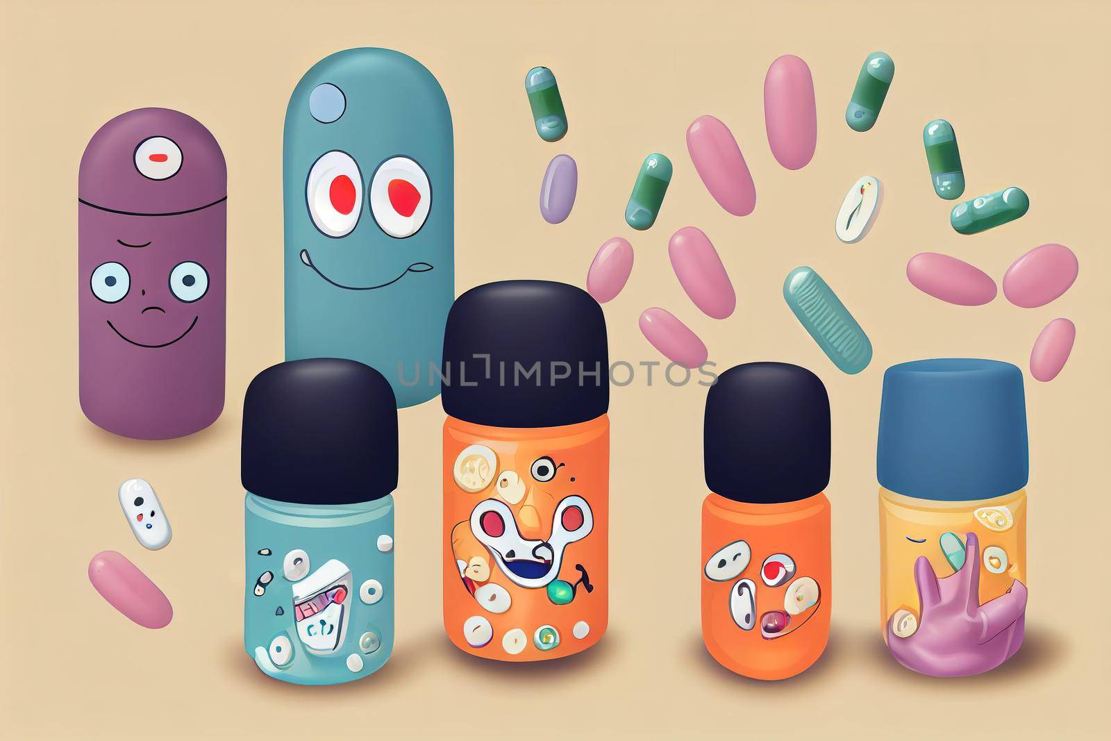 Cartoon pills characters, toon 2d style with cute toon eyes.