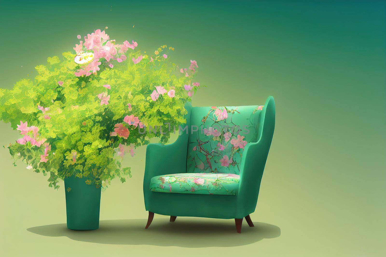 green armchair with colorful flowers on pastel green background, 2d style, anime style. High quality illustration