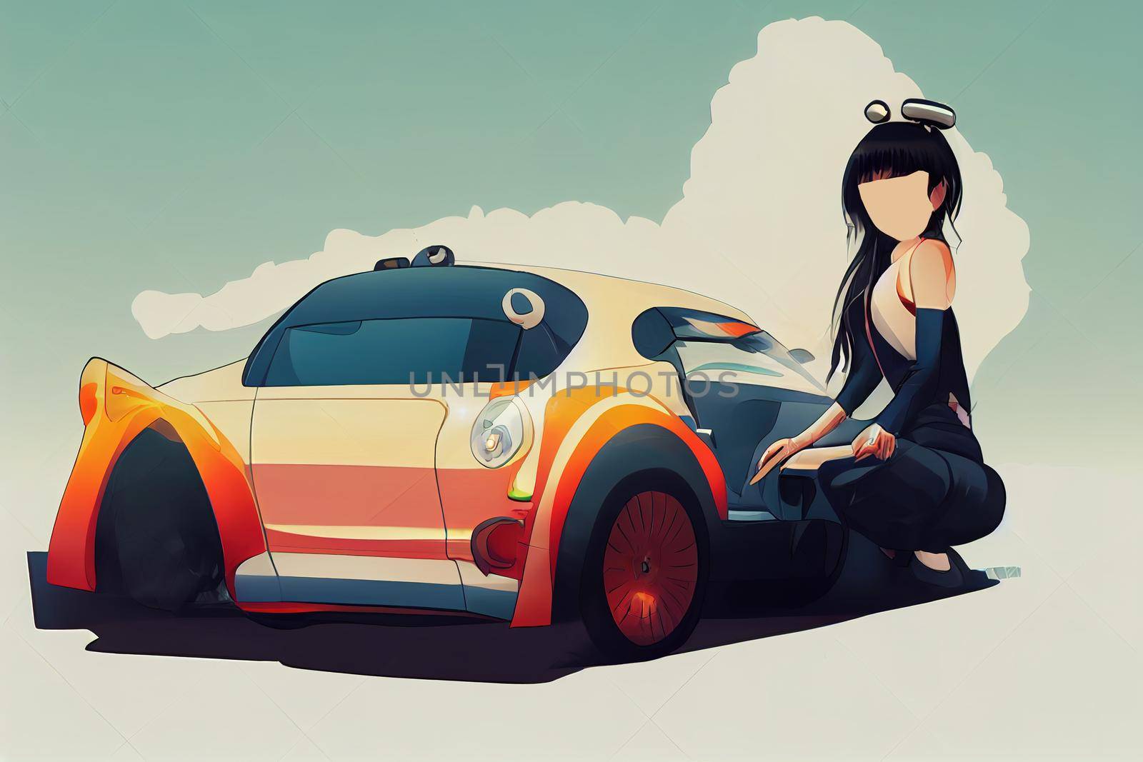 cute female driver with car, anime style or 2d style