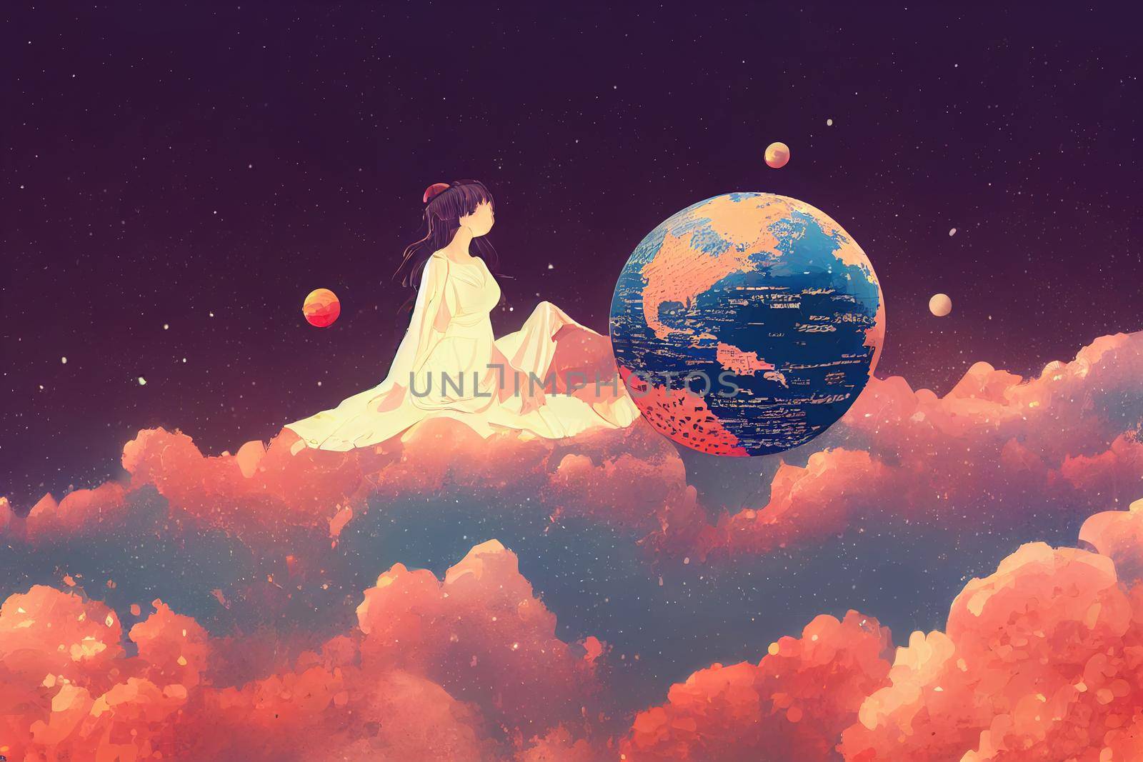 Digital illustration of a woman embracing the globe on space background by 2ragon