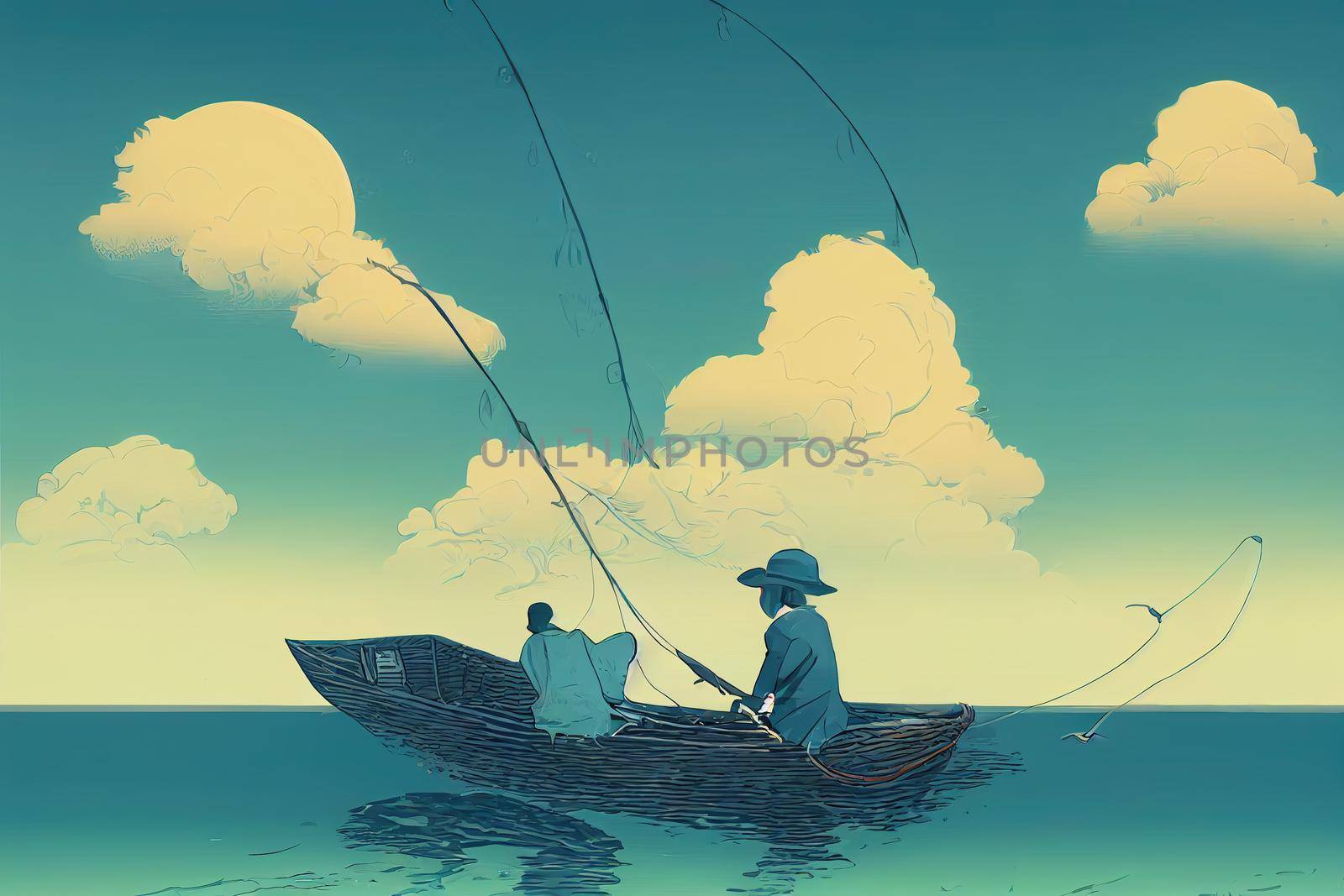 An old fisherman and his cat in a boat are fishing with a net in the sea. Gravure style