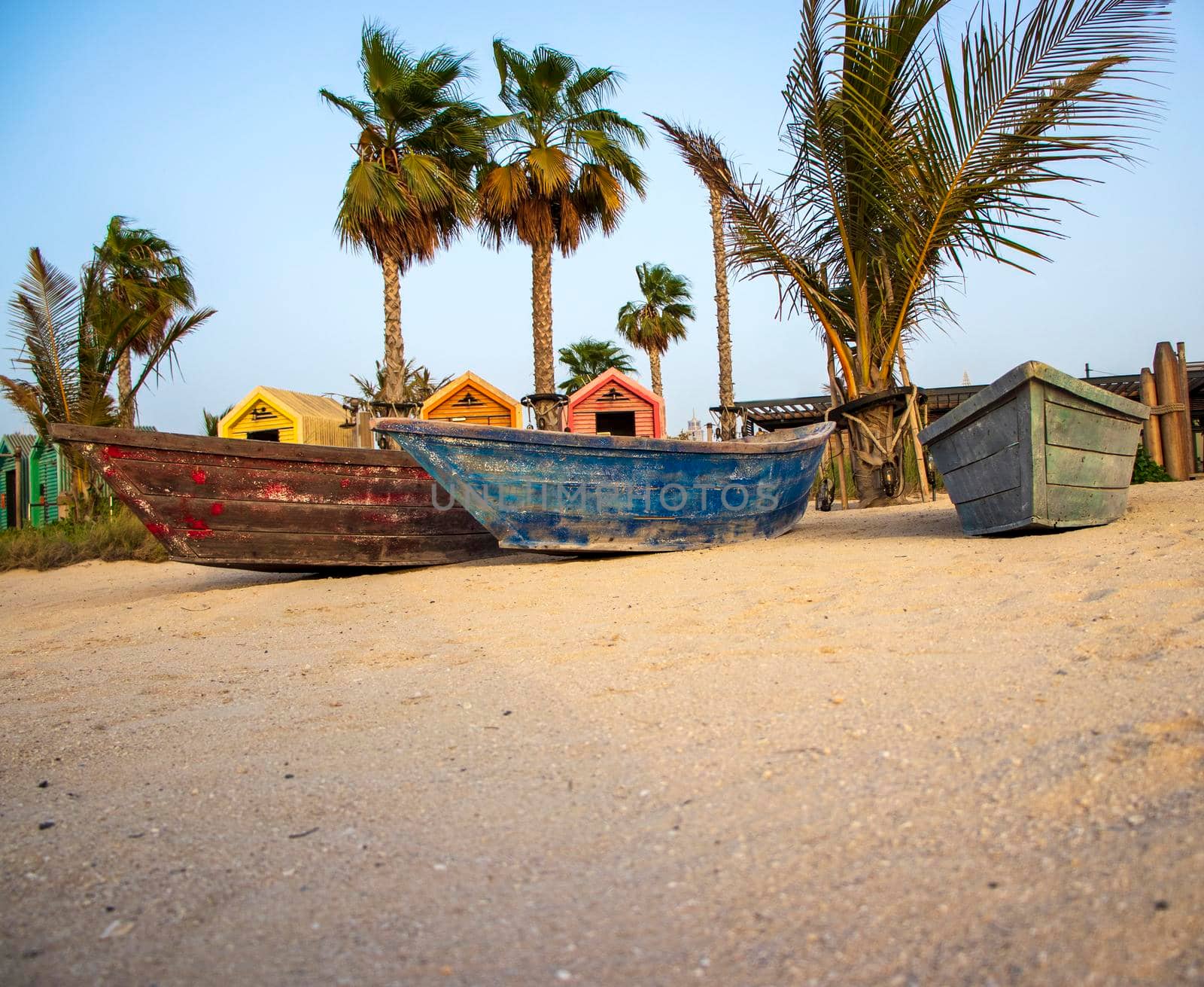 Boats on the La Mer beach in Jumeirah area, Dubai, UAE. Outdoors