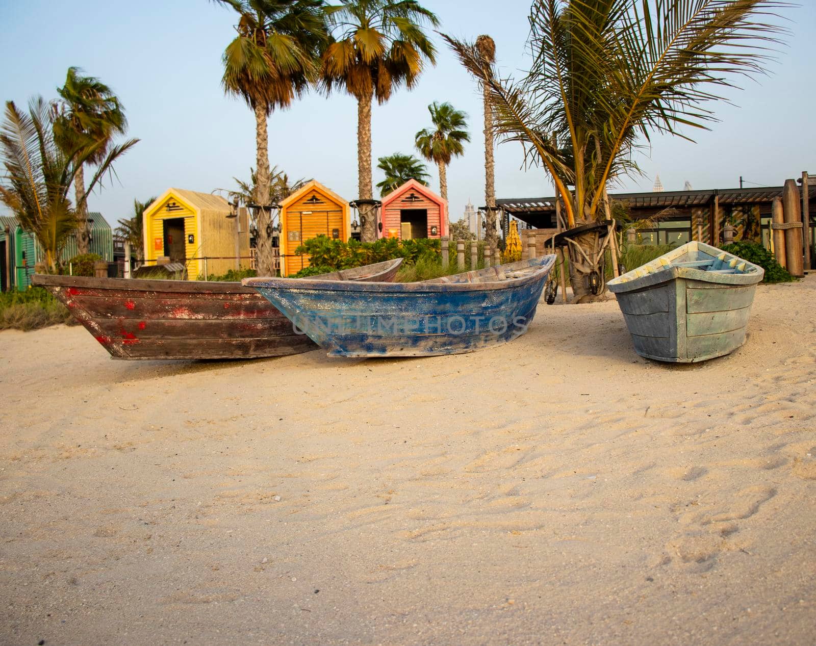 Boats on the La Mer beach in Jumeirah area, Dubai, UAE. Outdoors