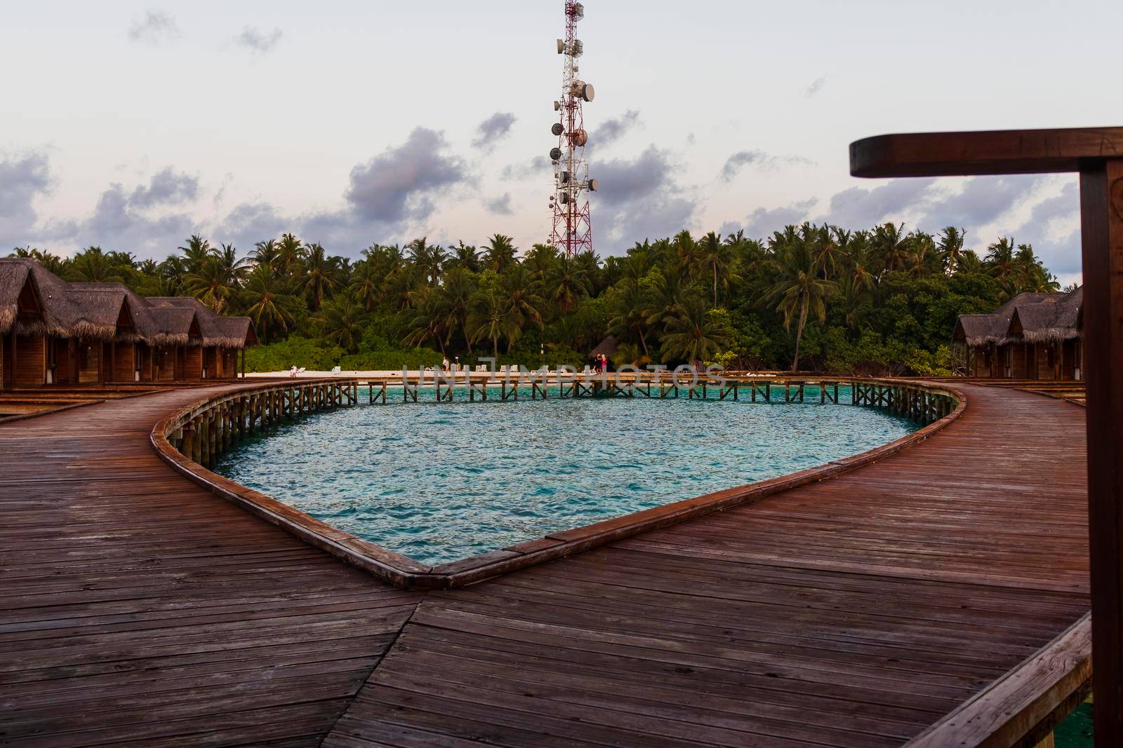 Shot of a over water bungalows on tropical island