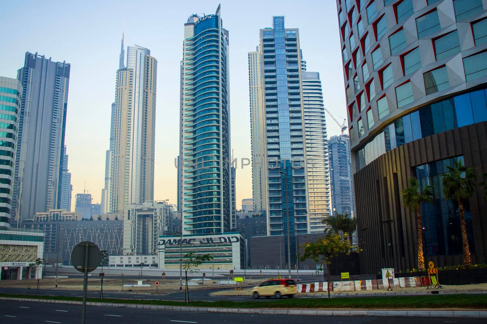 Dubai, UAE - 01.15.2021 Morning hour in Business bay district , Marasi drive. Burj Khalifa, tallest building in the world can be seen in the scene