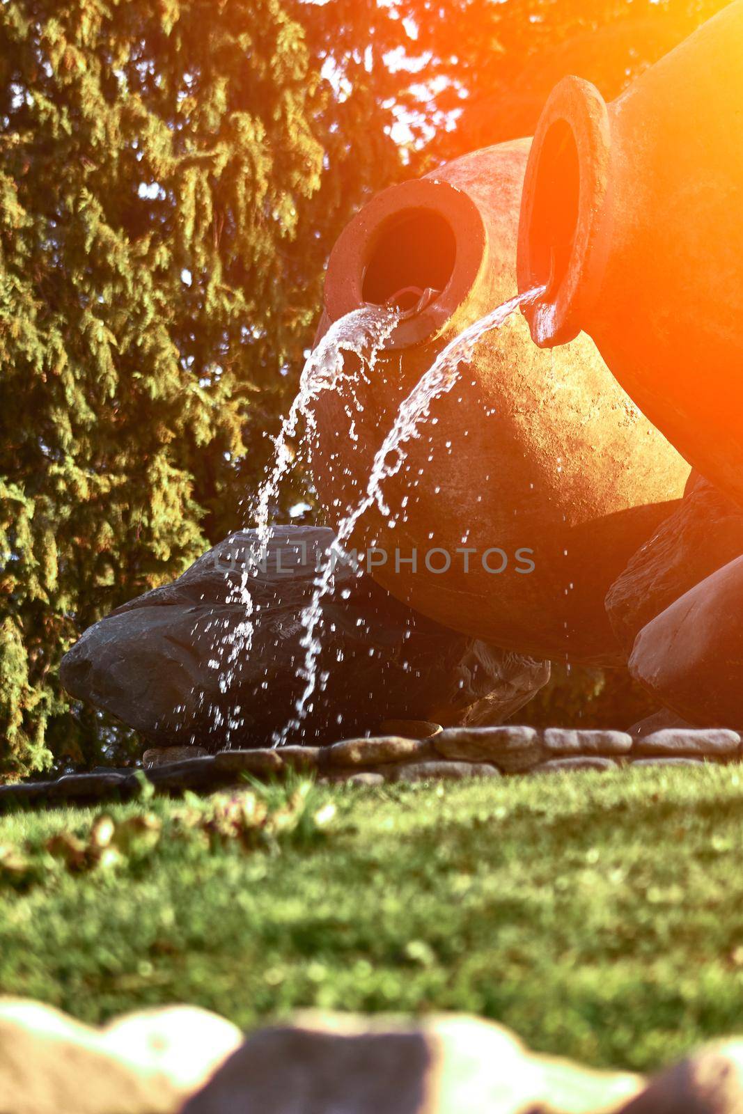 Kvareli, Georgia. Fountains in the form of wine pitcher. Europe. Travels. Sun flare