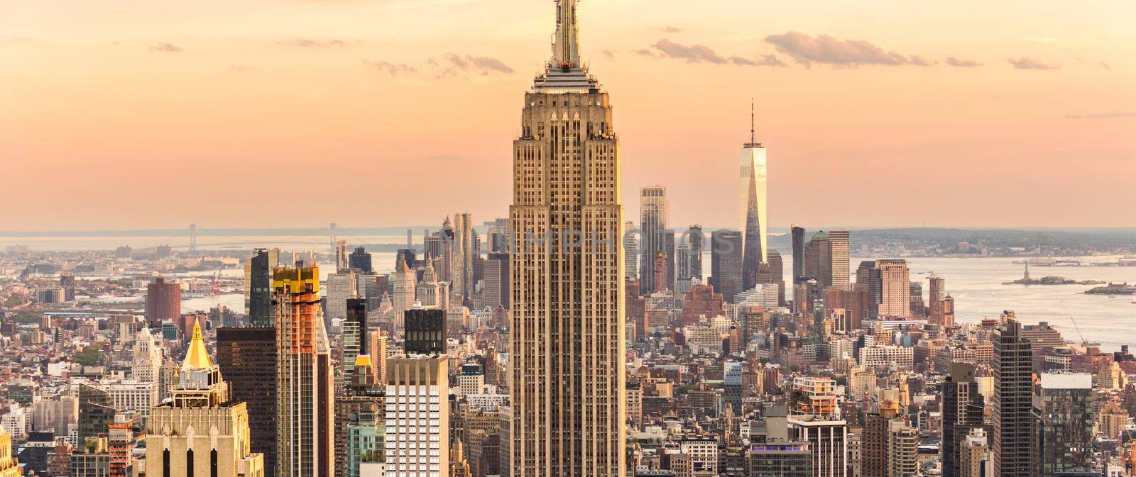 Panorama of New York city skyline at sunset, USA