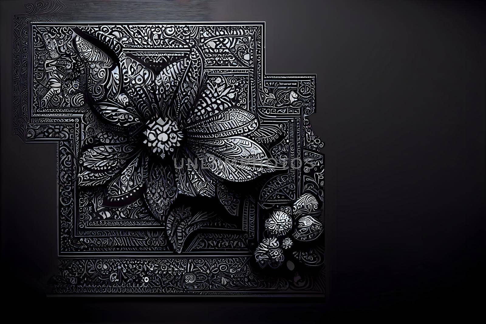 black ornate flower background and grim gothic wallpaper, neural network generated art. Digitally generated image. Not based on any actual scene or pattern.