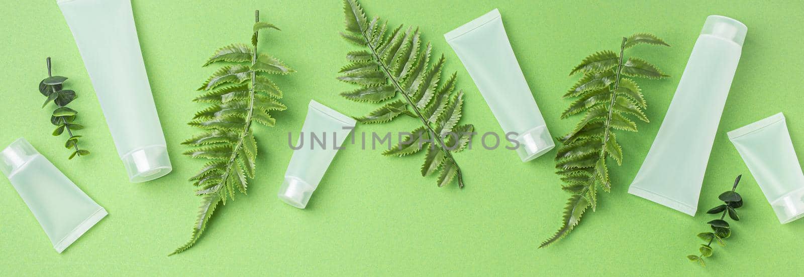 Set of skincare organic beauty product bottles and SPA cosmetic blank white matte containers with plant leaves eucalyptus on green clean background from above, flat lay mockup space for text