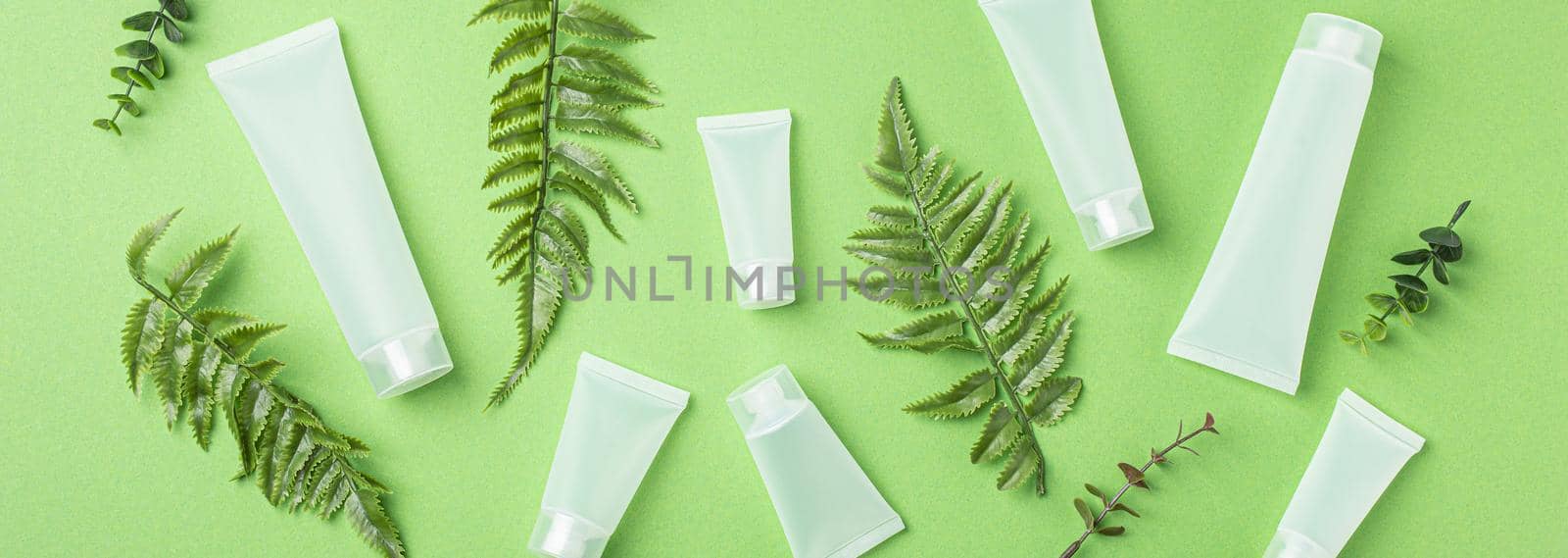 Set of skincare organic beauty product bottles and SPA cosmetic blank white matte containers with plant leaves eucalyptus on green clean background from above, flat lay mockup