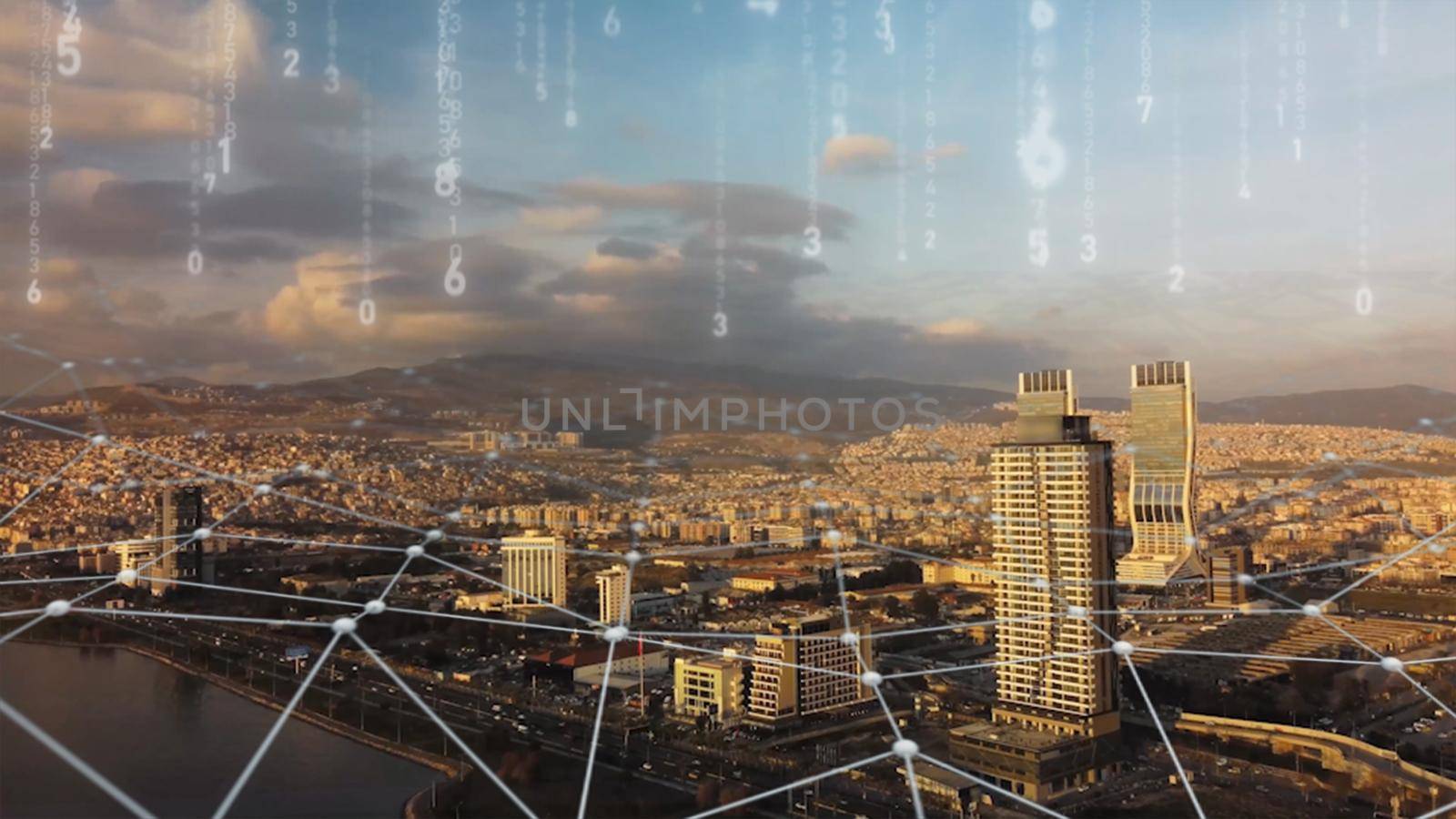 Aerial view of izmir Skyline with connections. Technology-Futuristic. High tech view of the financial district connected through a network. Internet of Things. Artificial intelligence. High quality photo