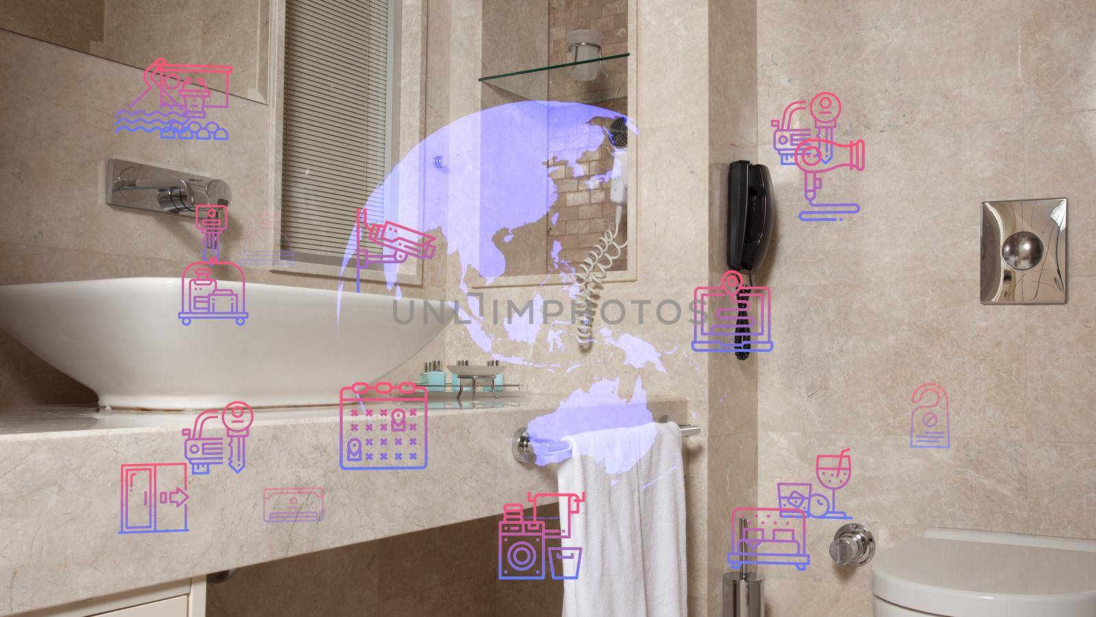 Luxury Bathroom Interior, minimalist interior in white colors with bathroom accessories , mirror and shower head, round mirror in modern interior by senkaya