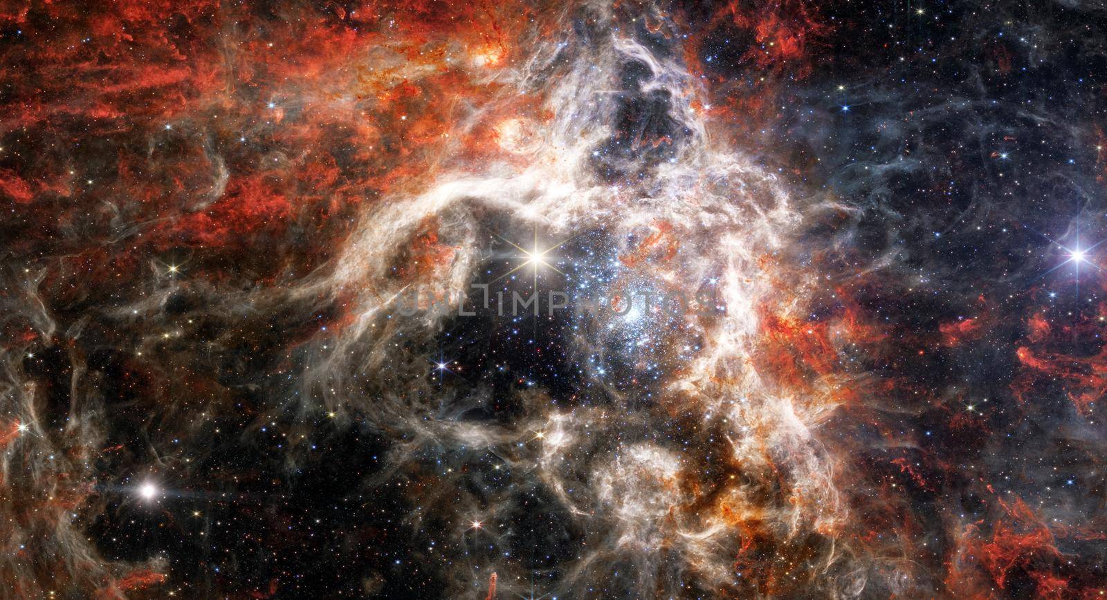 Tarantula Nebula, 30 Doradus, NGC 2070, Star-forming region in the deep space. Gas accumulation in outer space. James webb telescope. Space landscape. JWST. Elements of this image furnished by NASA.