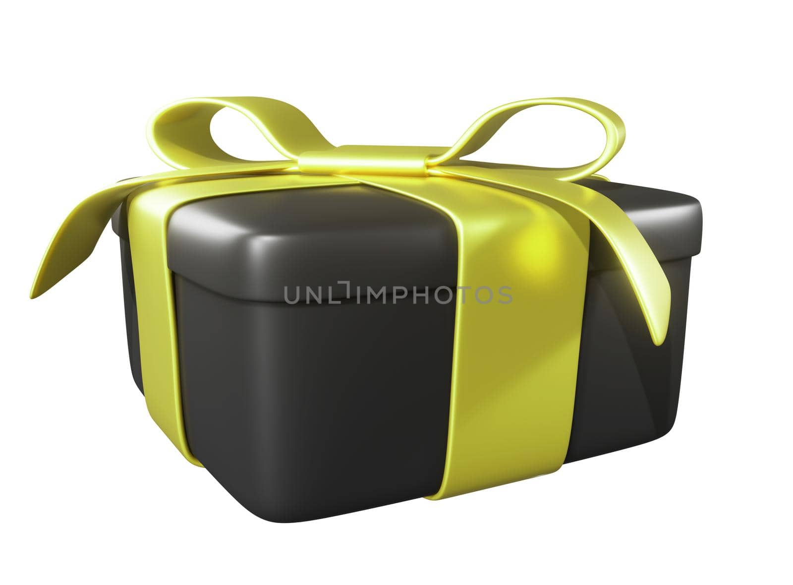 Realistic 3D Gift Black Box and Yellow Bow on White.