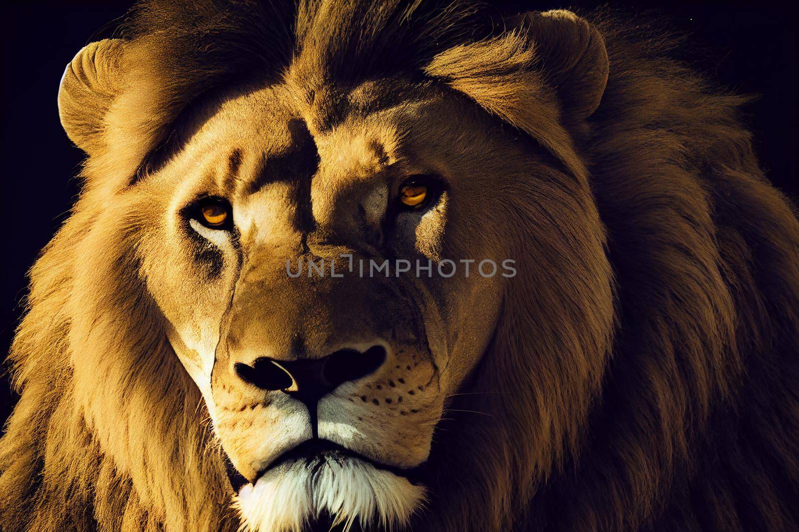 portrait of a lion. Amazing portrait of a big Lion on Black background. King face. Close-up of wild lion face