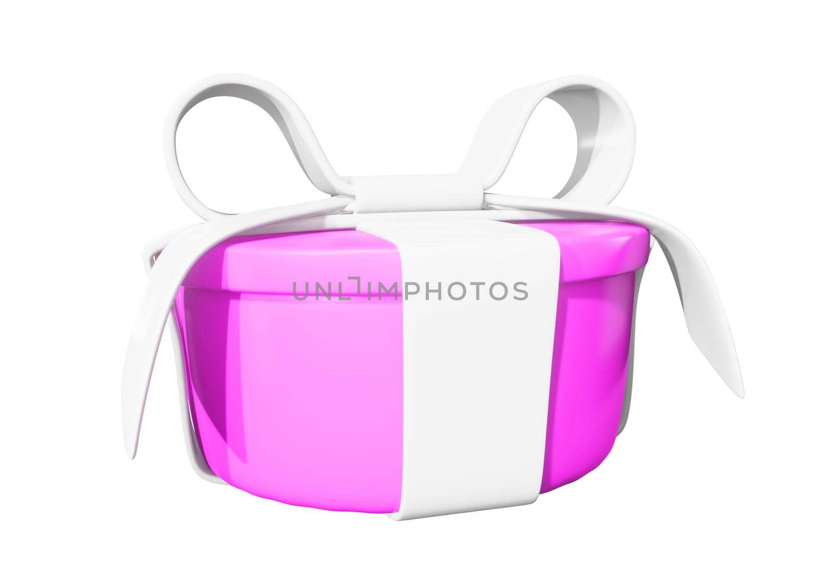 Realistic 3D Gift Pink Box and White Bow on white.