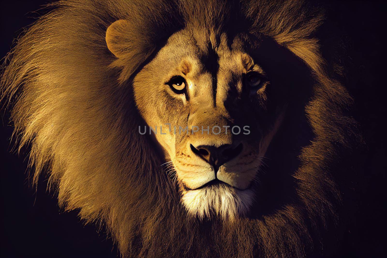 portrait of a lion. Amazing portrait of a big Lion on Black background. King face. Close-up of wild lion face