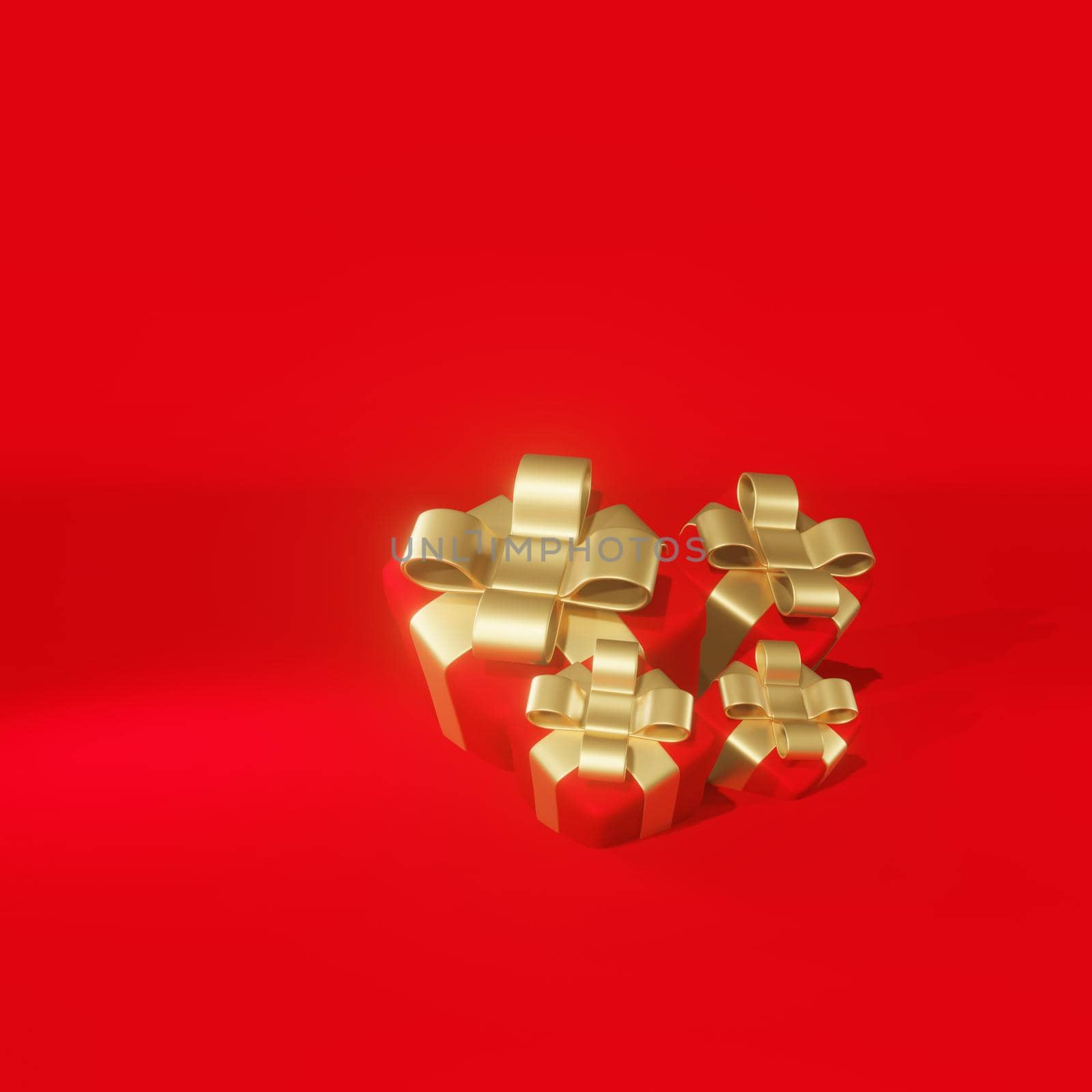 Realistic 3D Gift Red Box and Gold Bow on Red Background