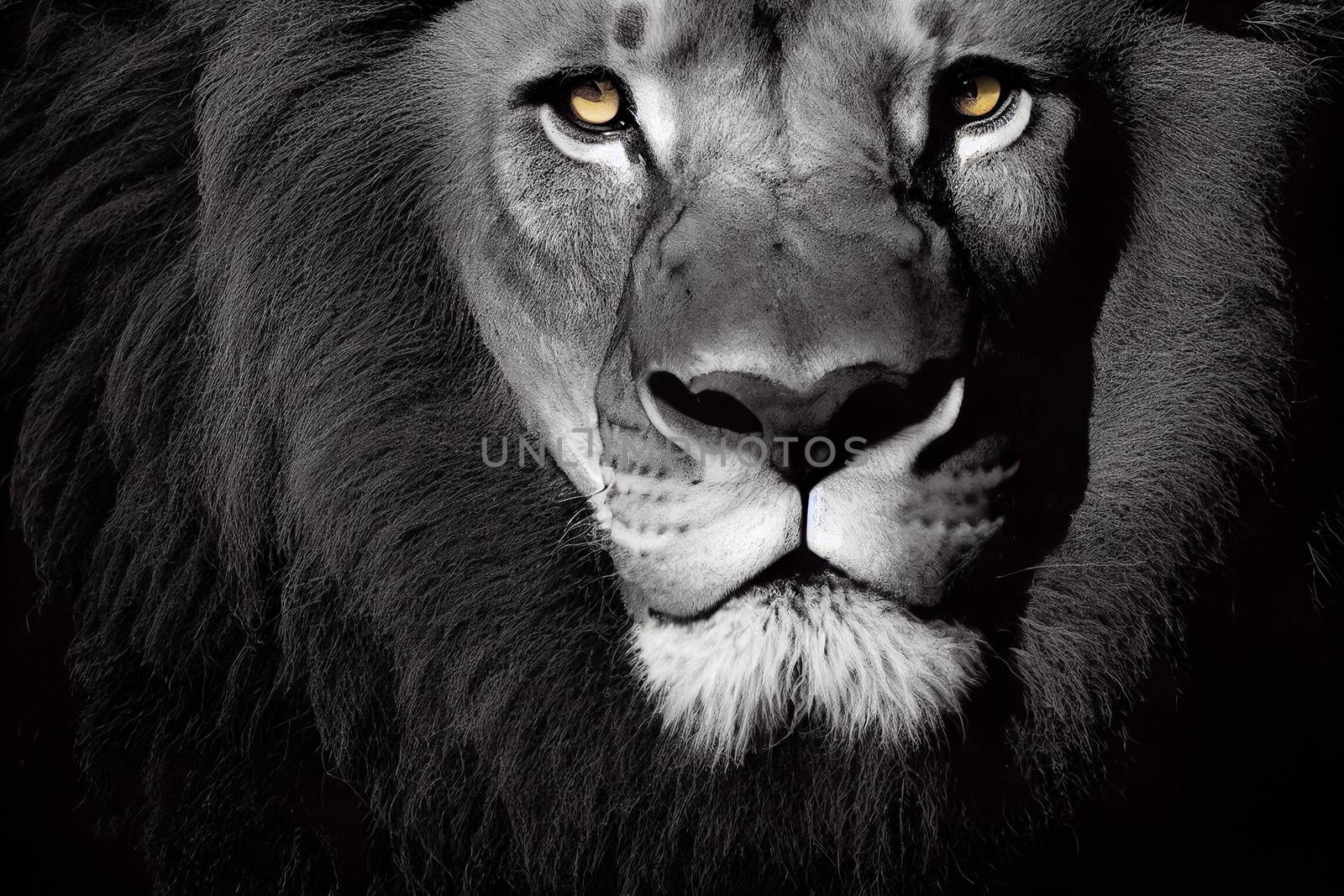 portrait of a lion. Amazing portrait of a big Lion on Black background. King face. Close-up of wild lion face