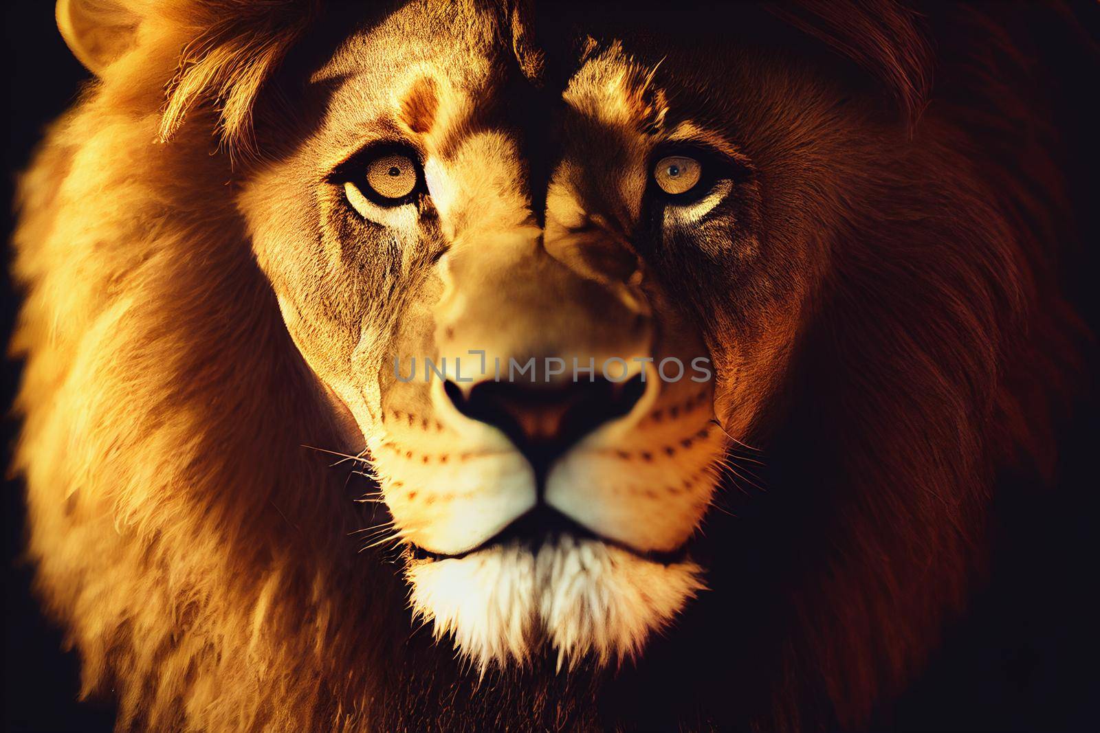 portrait of a lion. Amazing portrait of a big Lion on Black background. King face. Close-up of wild lion face