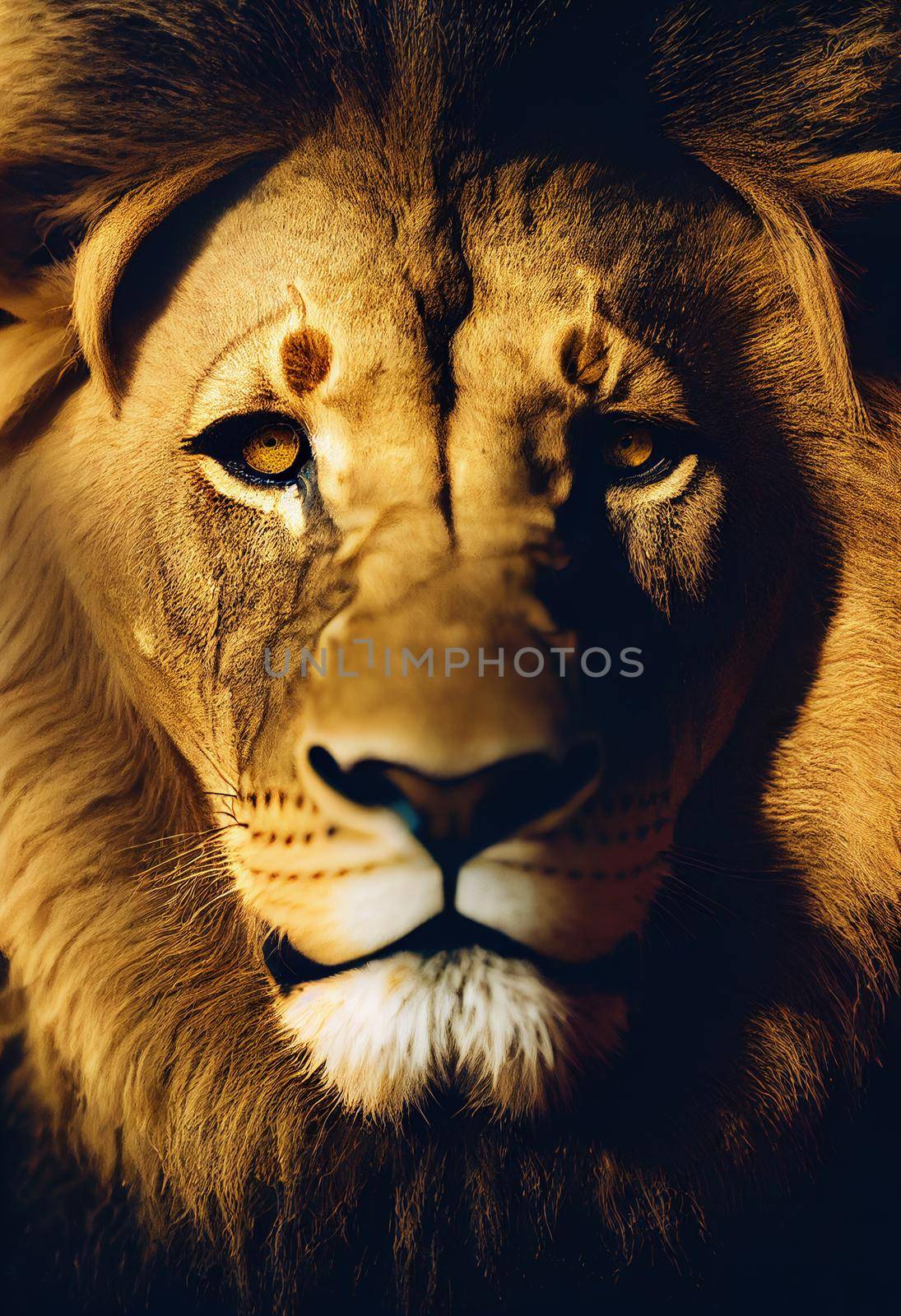 Portrait of a Lion. Close-up of wild lion face on black background. by JpRamos