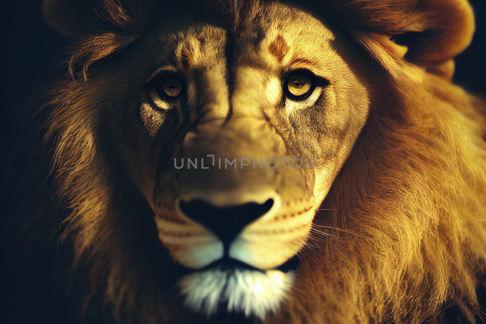 portrait of a lion. Amazing portrait of a big Lion on Black background. King face. Close-up of wild lion face