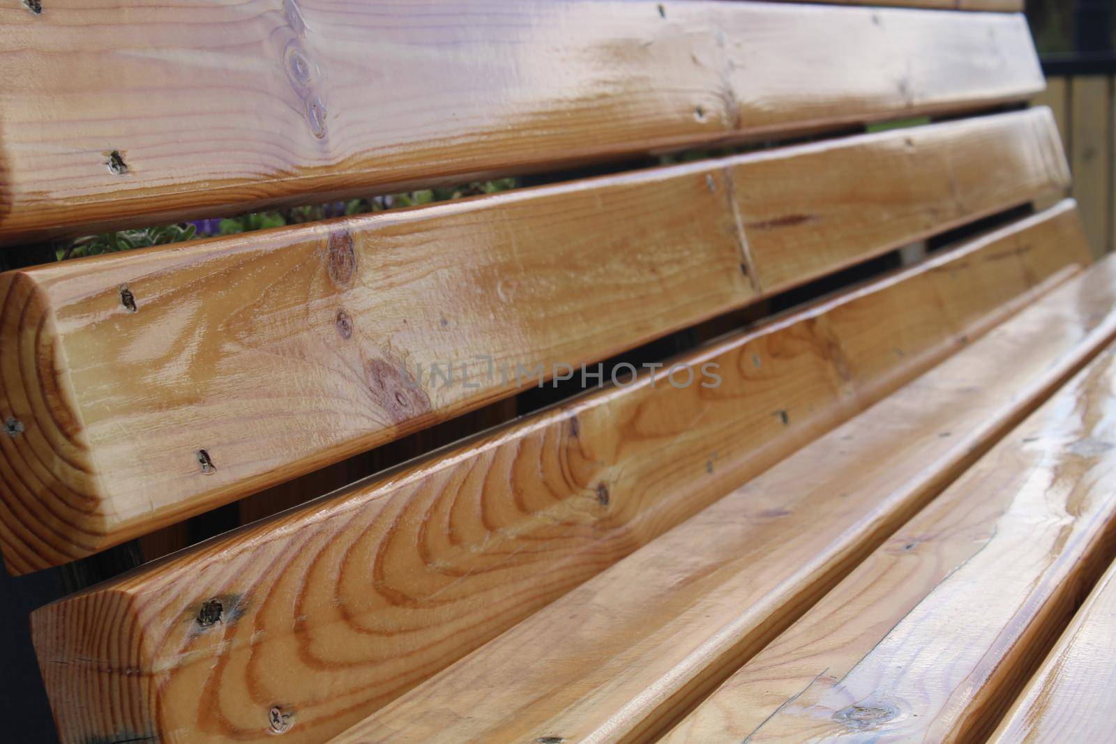 Light wooden bench in the city park close-up. Urban architecture.